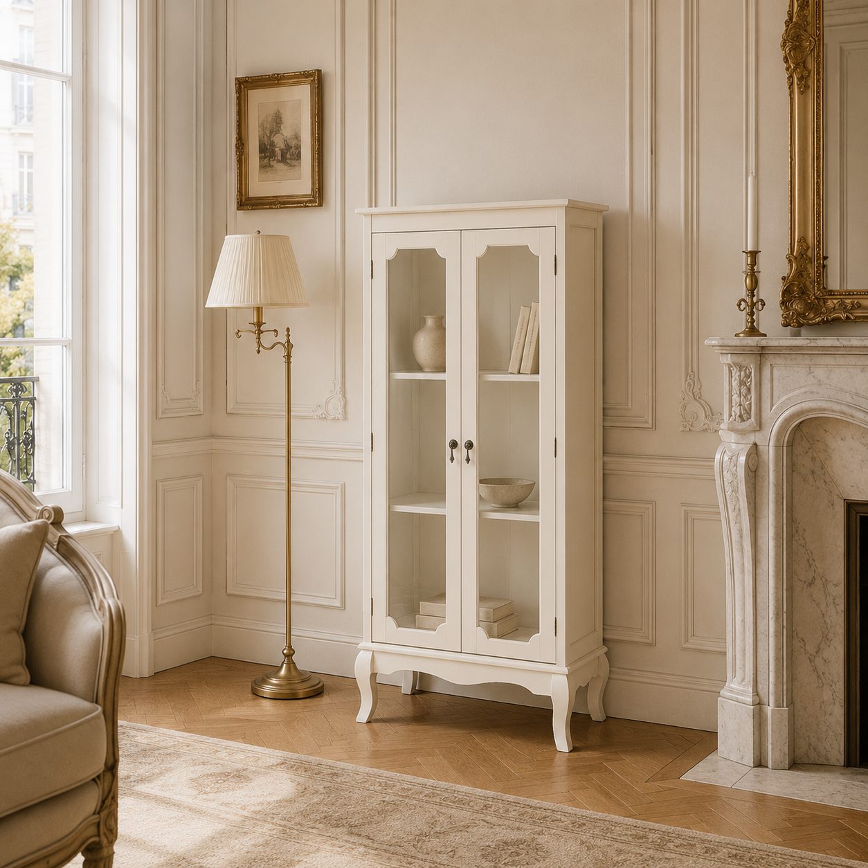 Évangeline ivory display cabinet with 2 glass doors and carved legs, styled by a marble fireplace in a Parisian room.