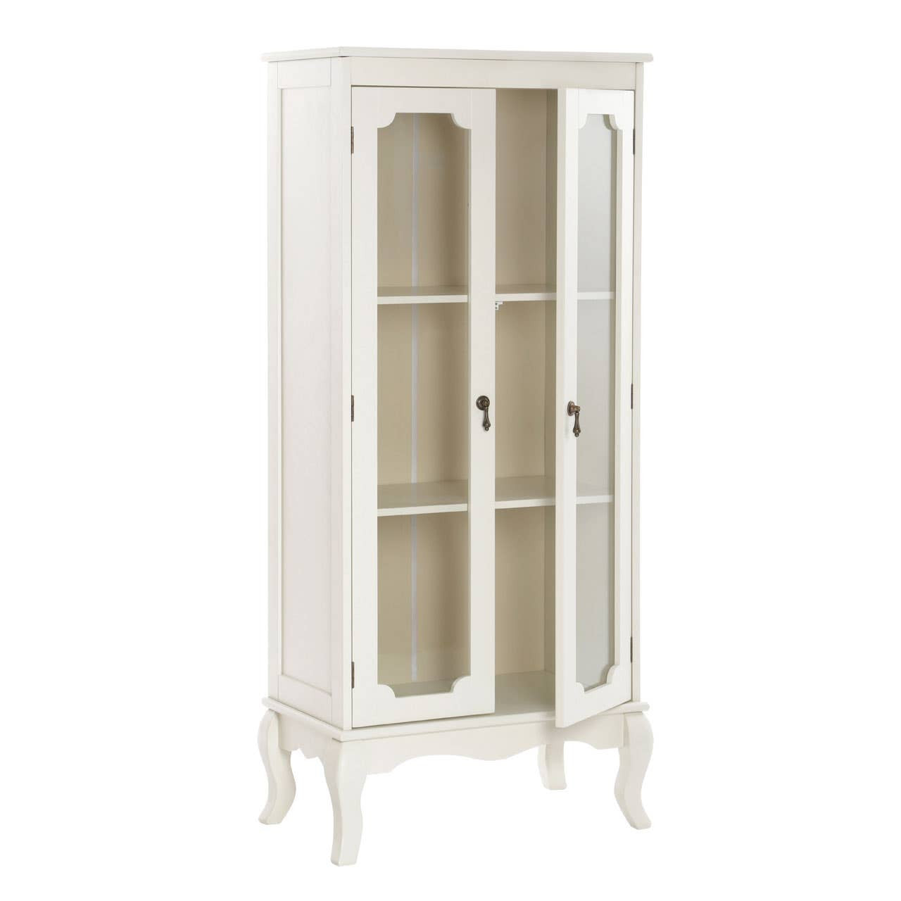 Angled view of the Évangeline Ivory Display Cabinet with partially open glass doors, highlighting the generous display shelving, ivory painted wood construction, decorative carved legs and elegant freestanding storage design.