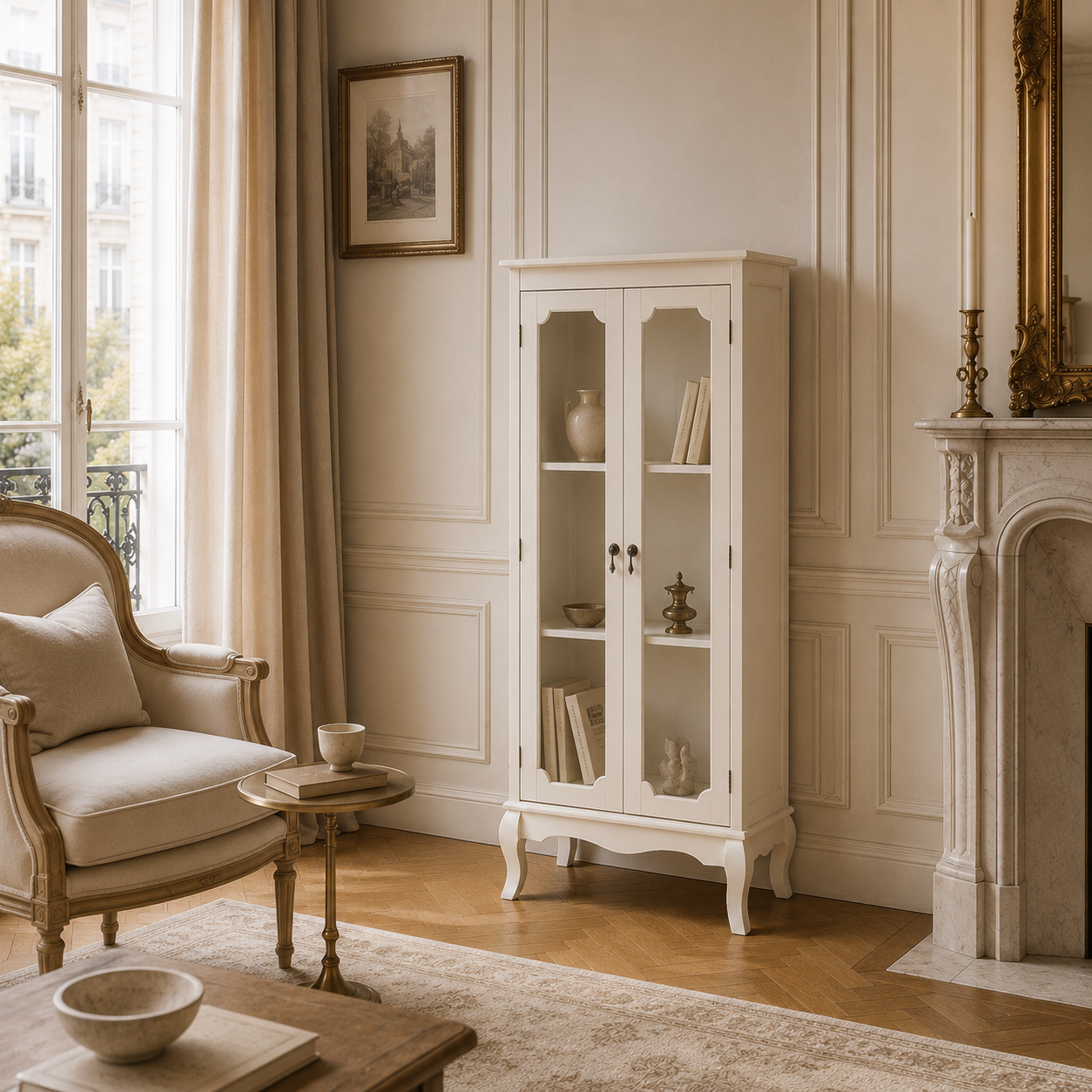 Évangeline ivory glass display cabinet with carved legs, styled beside a cream armchair and marble fireplace.