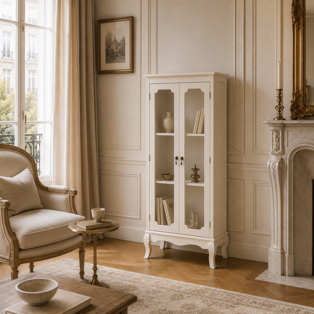 Évangeline ivory glass display cabinet with carved legs, styled beside a cream armchair and marble fireplace.