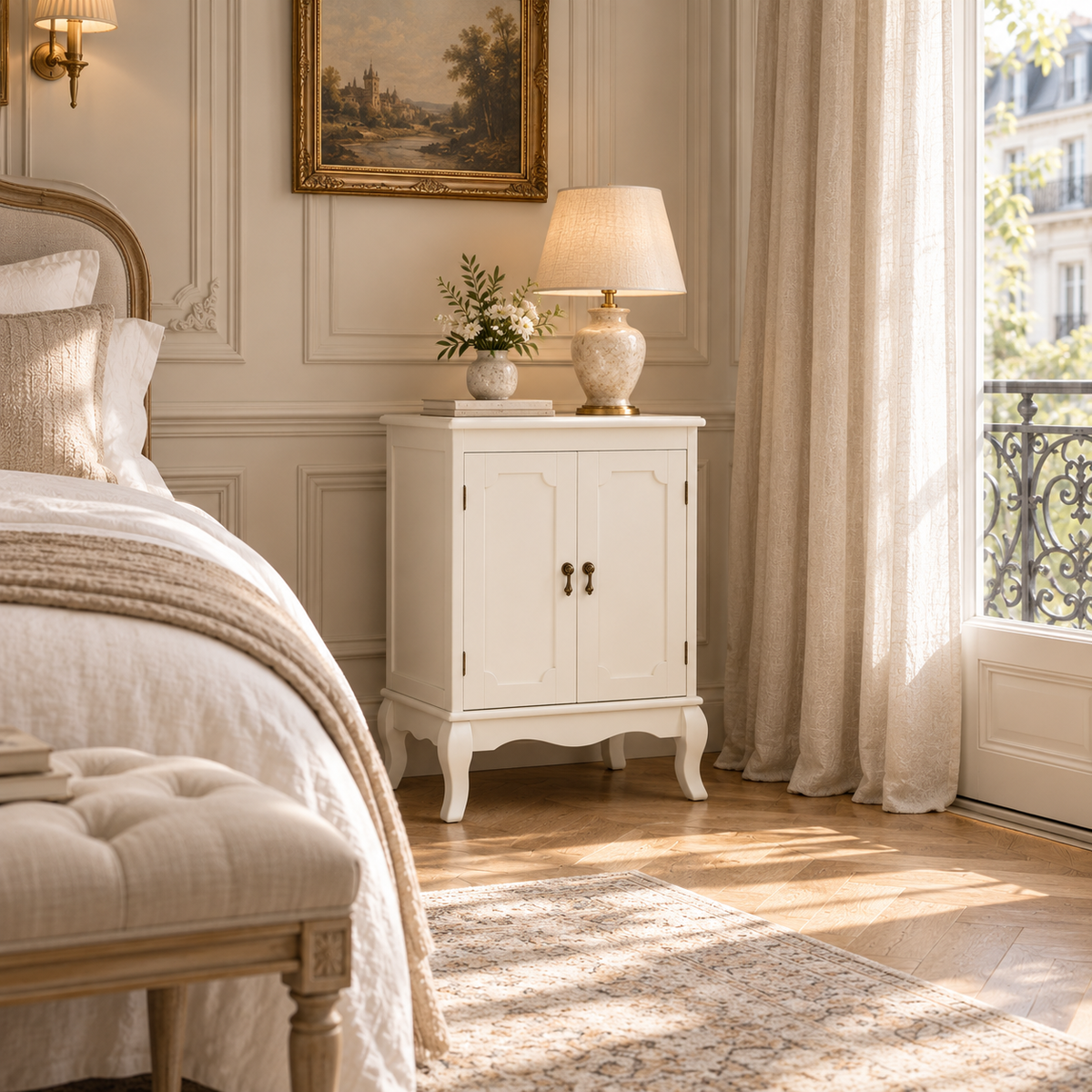 Évangeline ivory two door storage cabinet beside a bed in a sunlit Parisian bedroom with lamp, rug and tall window.