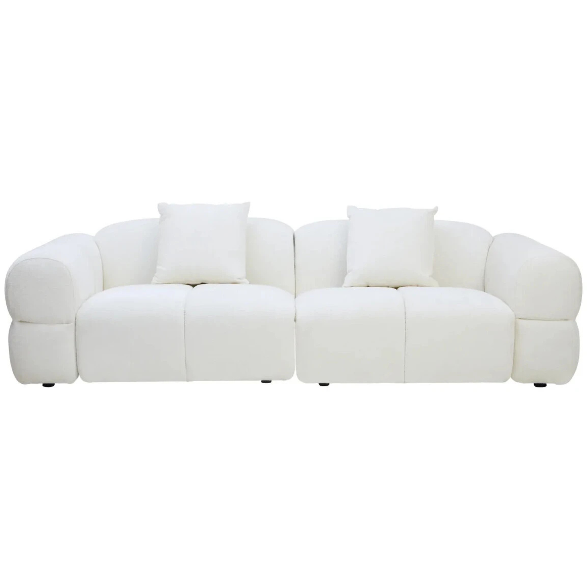 Éveline 264cm cream textured fabric 3 seater sofa front view with two cushions on a plain white background.