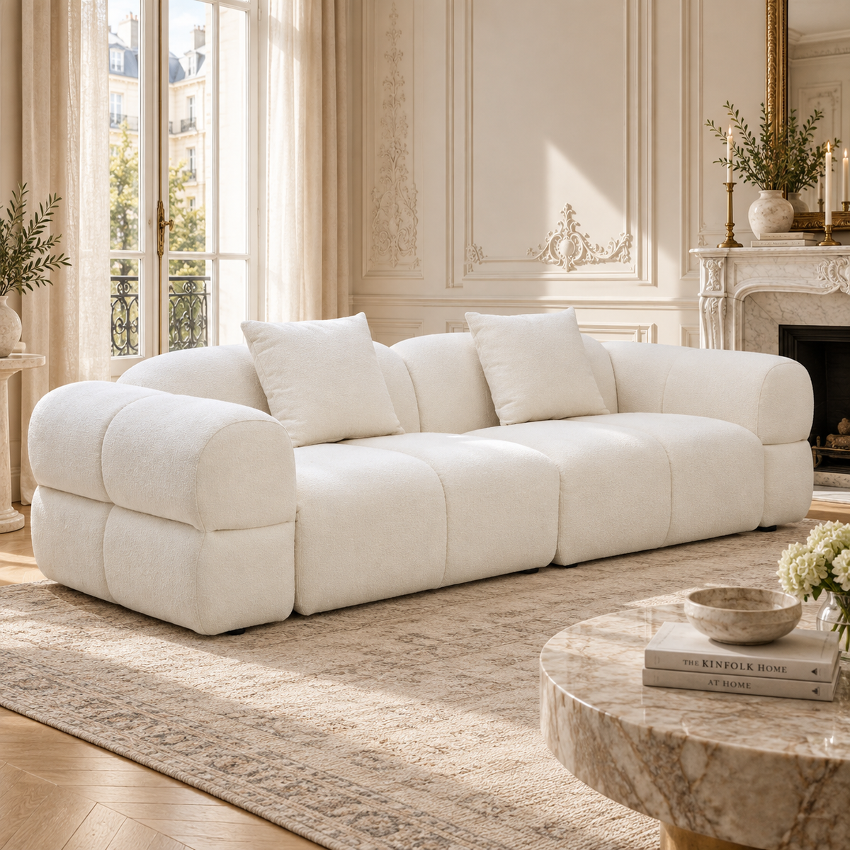 Éveline 264cm cream textured fabric 3 seater sofa in a sunlit Parisian living room with fireplace and marble table.