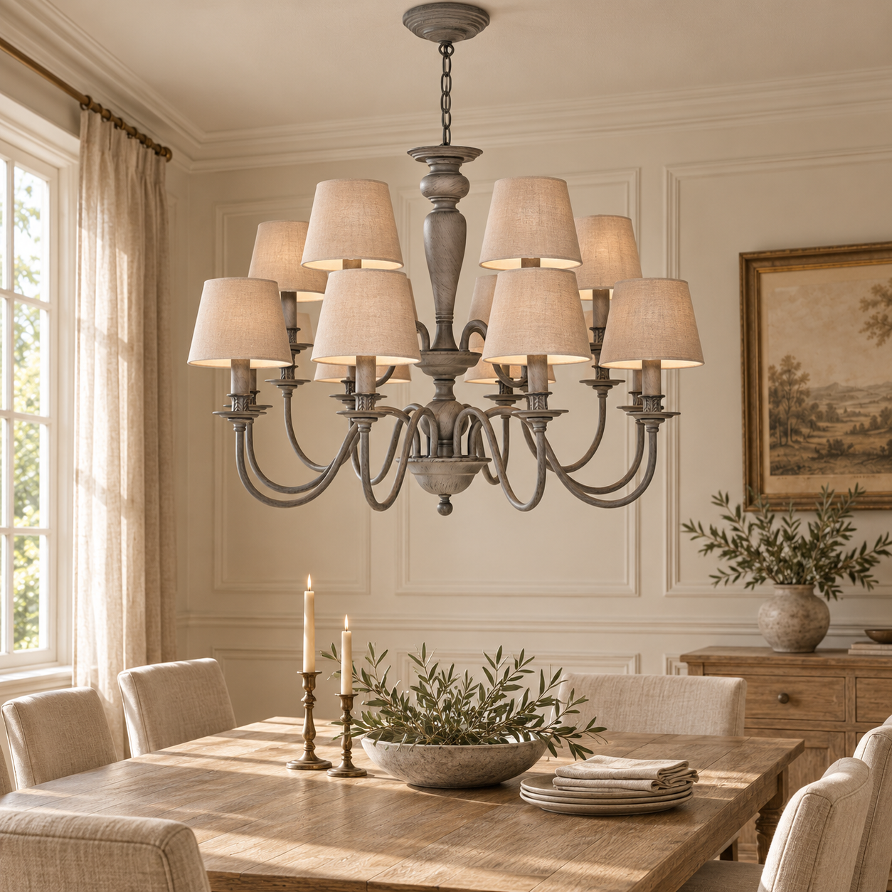 Evrard grey 12 light chandelier with taupe fabric shades above a wood dining table in a warm neutral dining room.