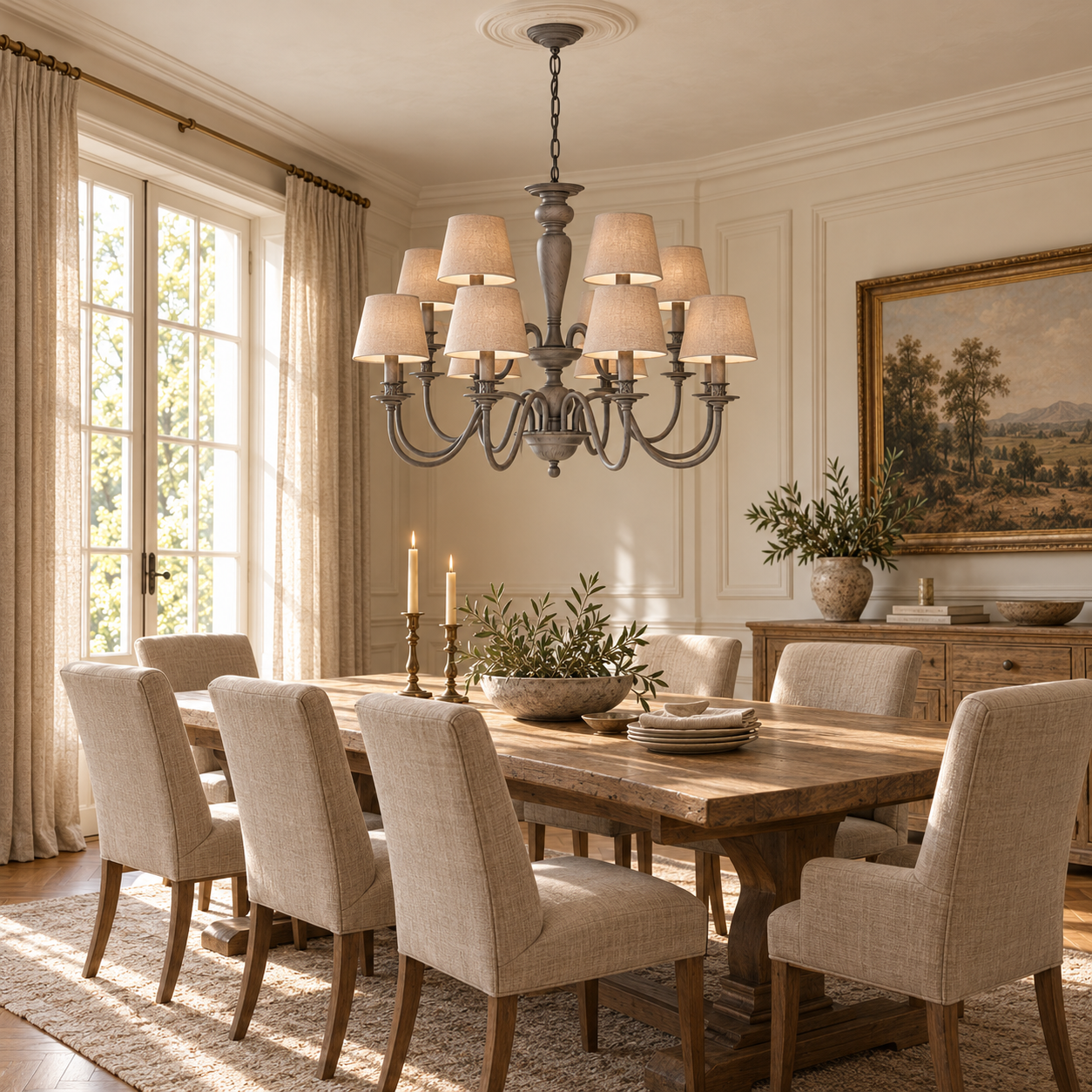 Evrard 86cm grey chandelier with taupe shades above a large wood dining table in a sunlit cream dining room.