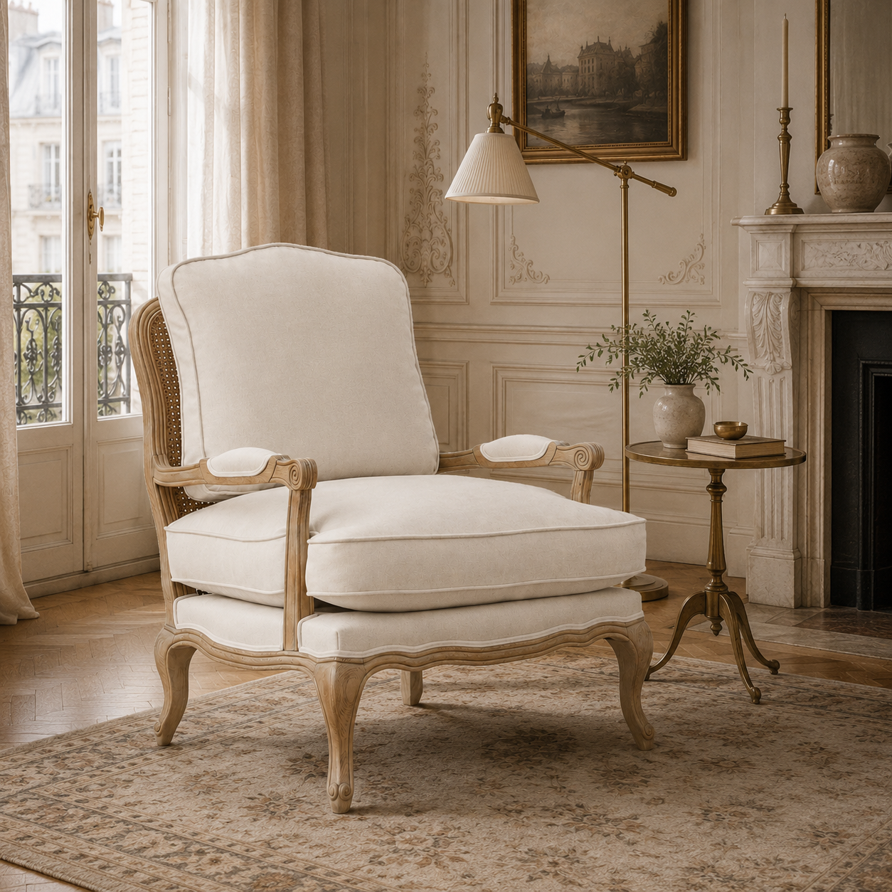 Florence cream upholstered oak accent chair in a Parisian room with fireplace, rug and brass floor lamp.