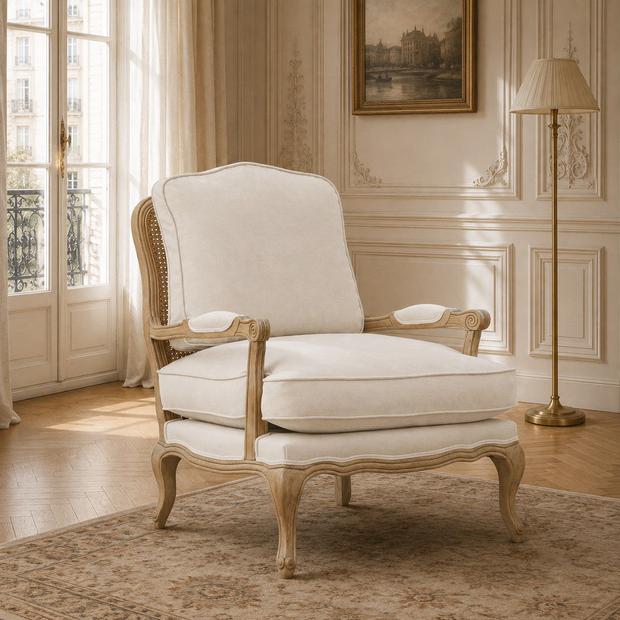 Florence cream upholstered oak accent chair in a Parisian room with panelled walls, rug and floor lamp.
