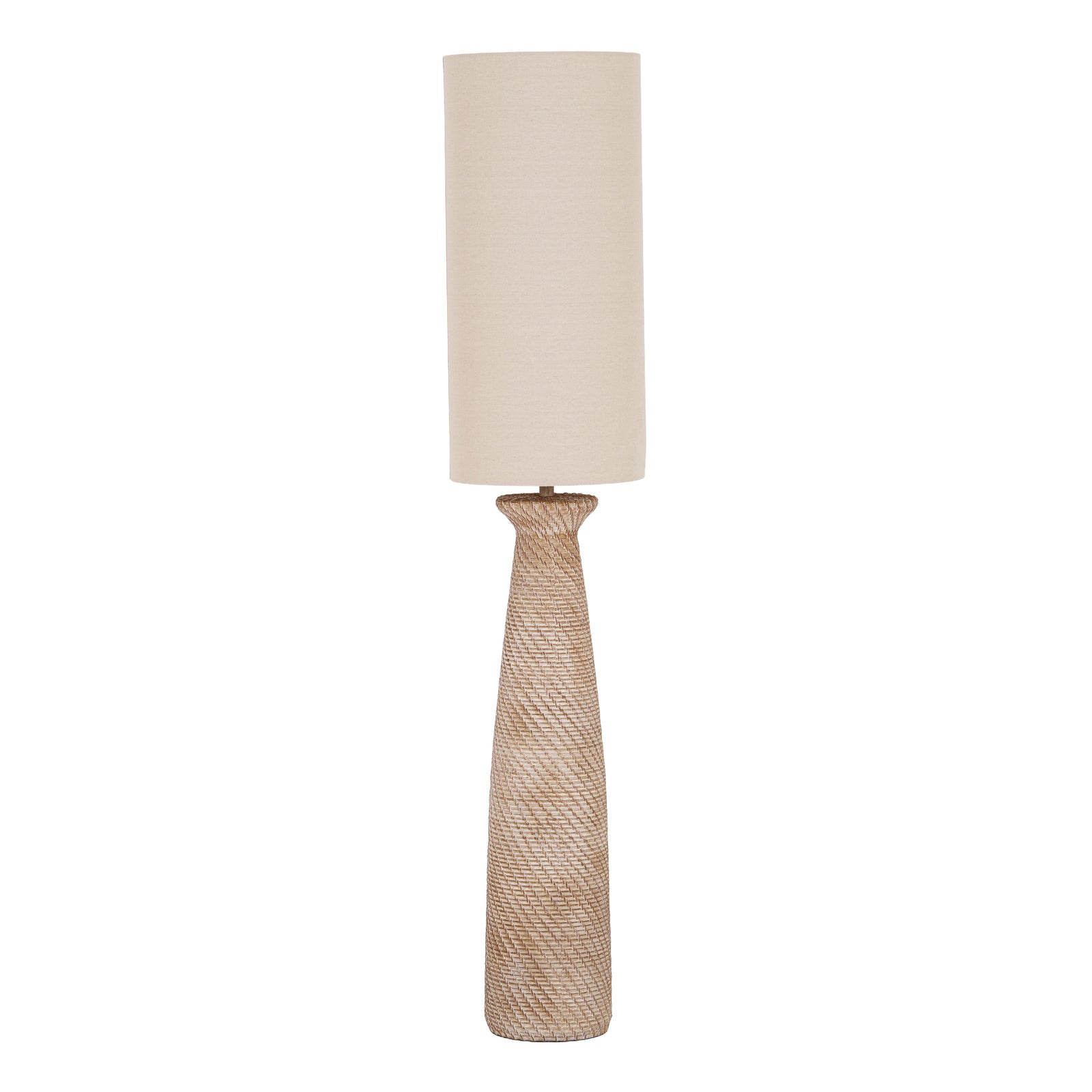 Florent 163cm brown resin floor lamp with tall white linen shade shown against a plain white background.