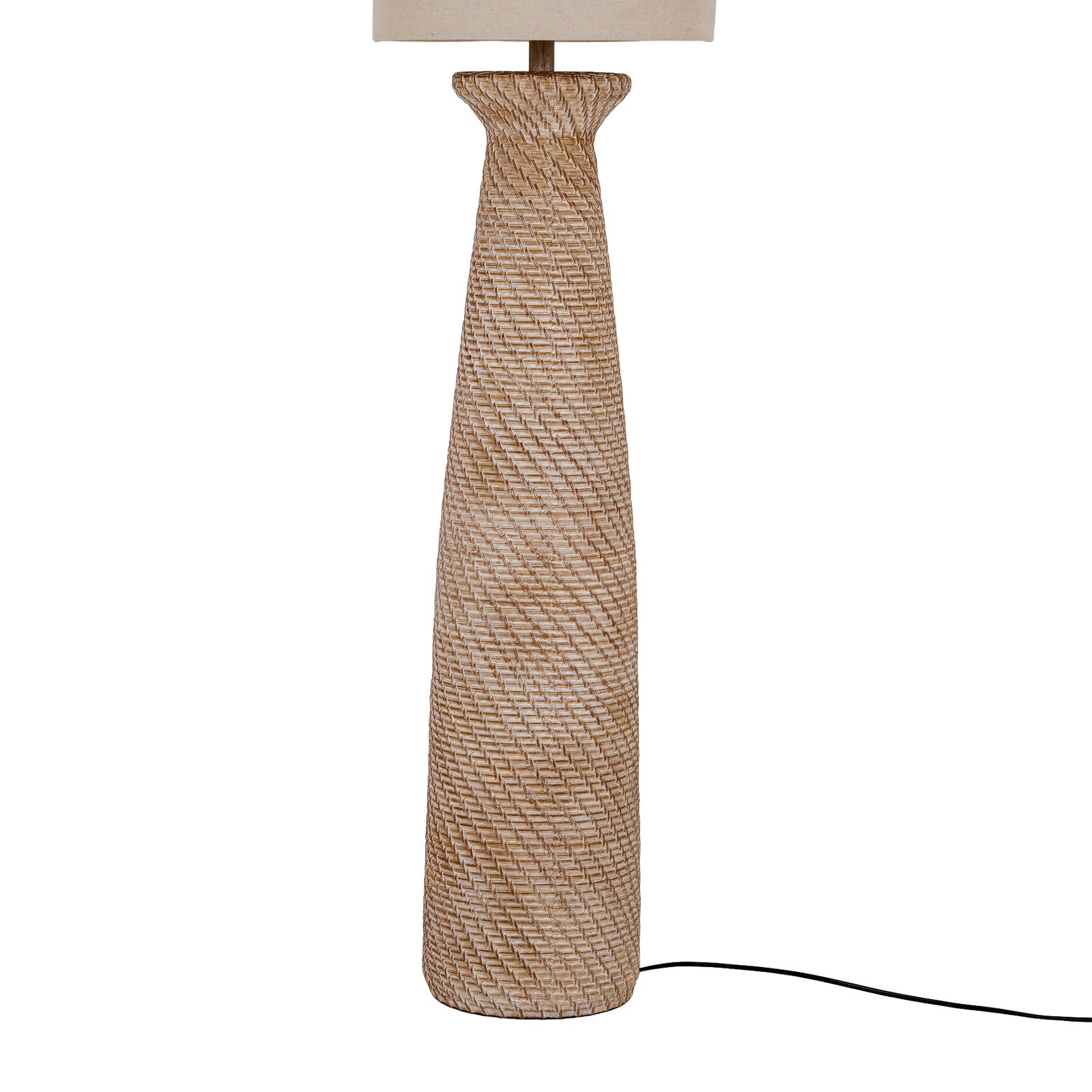 Close-up of Florent floor lamp tall brown woven-effect resin base and white shade against a white background.