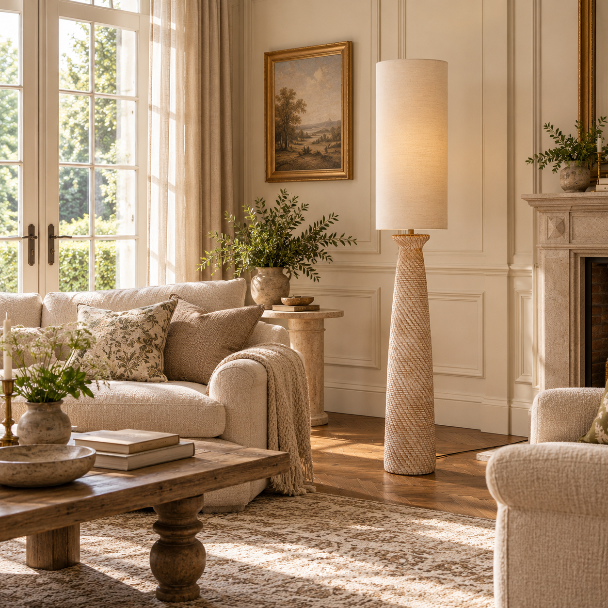 Brown resin floor lamp with white linen shade styled beside a cream sofa and fireplace in a bright living room.