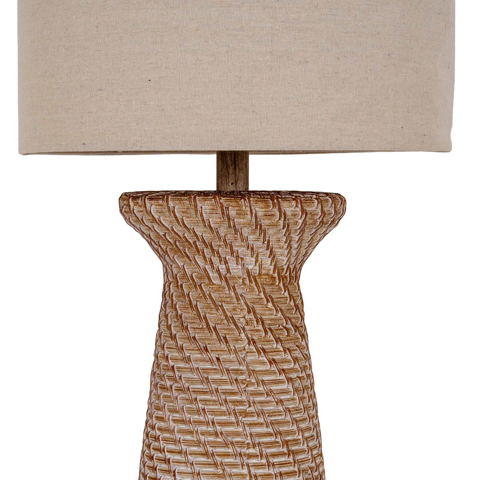 Close-up of Florent brown resin floor lamp with woven-effect textured base and white linen shade on white.