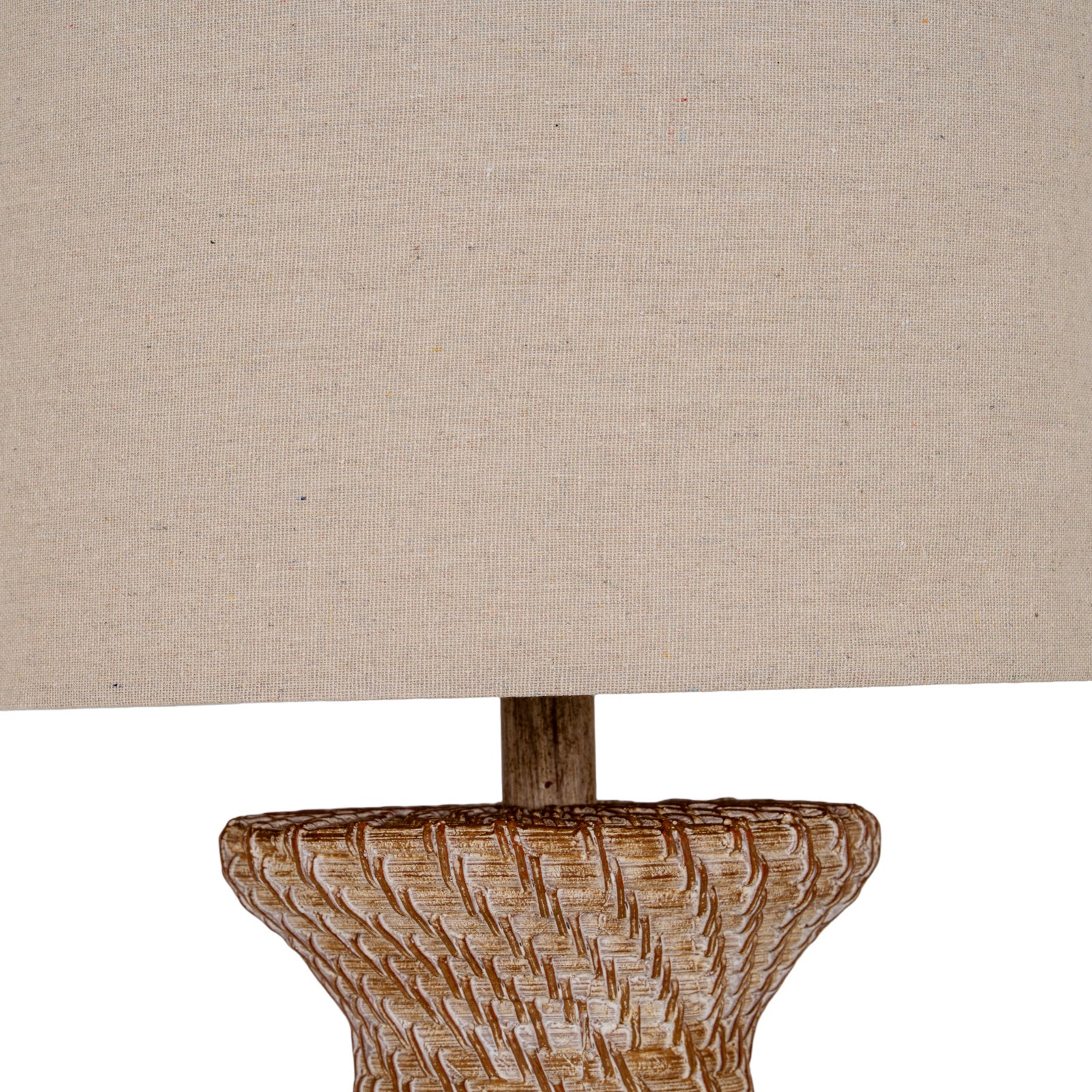 Detail of white linen shade and textured brown resin floor lamp neck shown against a clean white background.