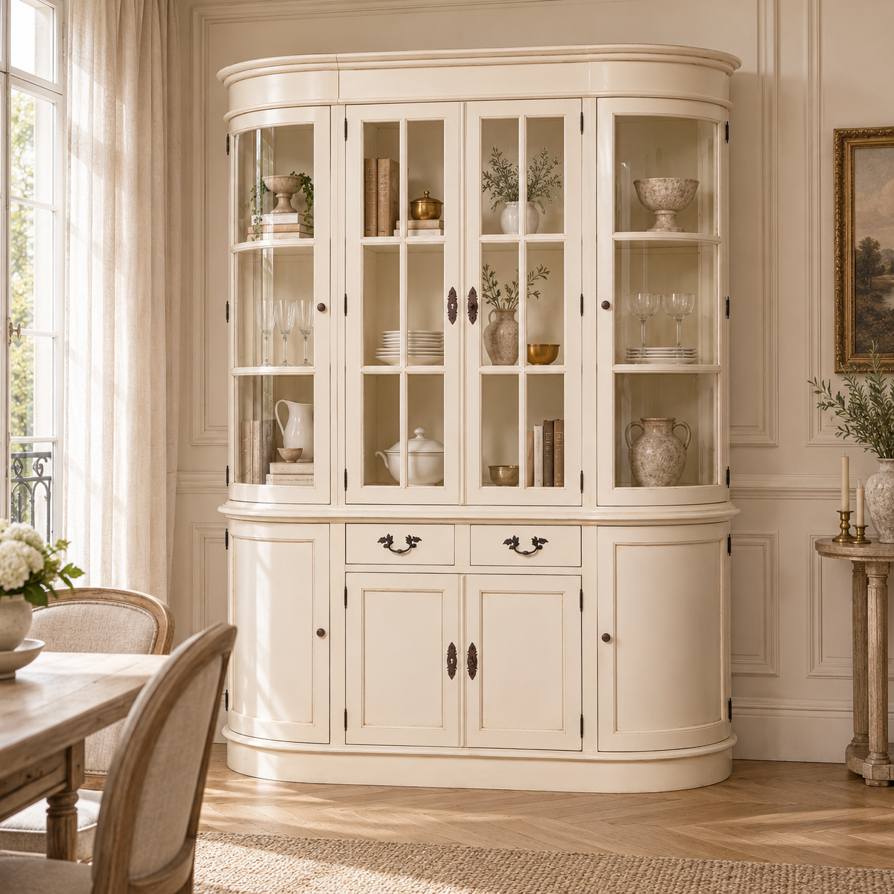 Geneviève 175cm aged cream mahogany display cabinet with glass doors in a sunlit Parisian dining room.