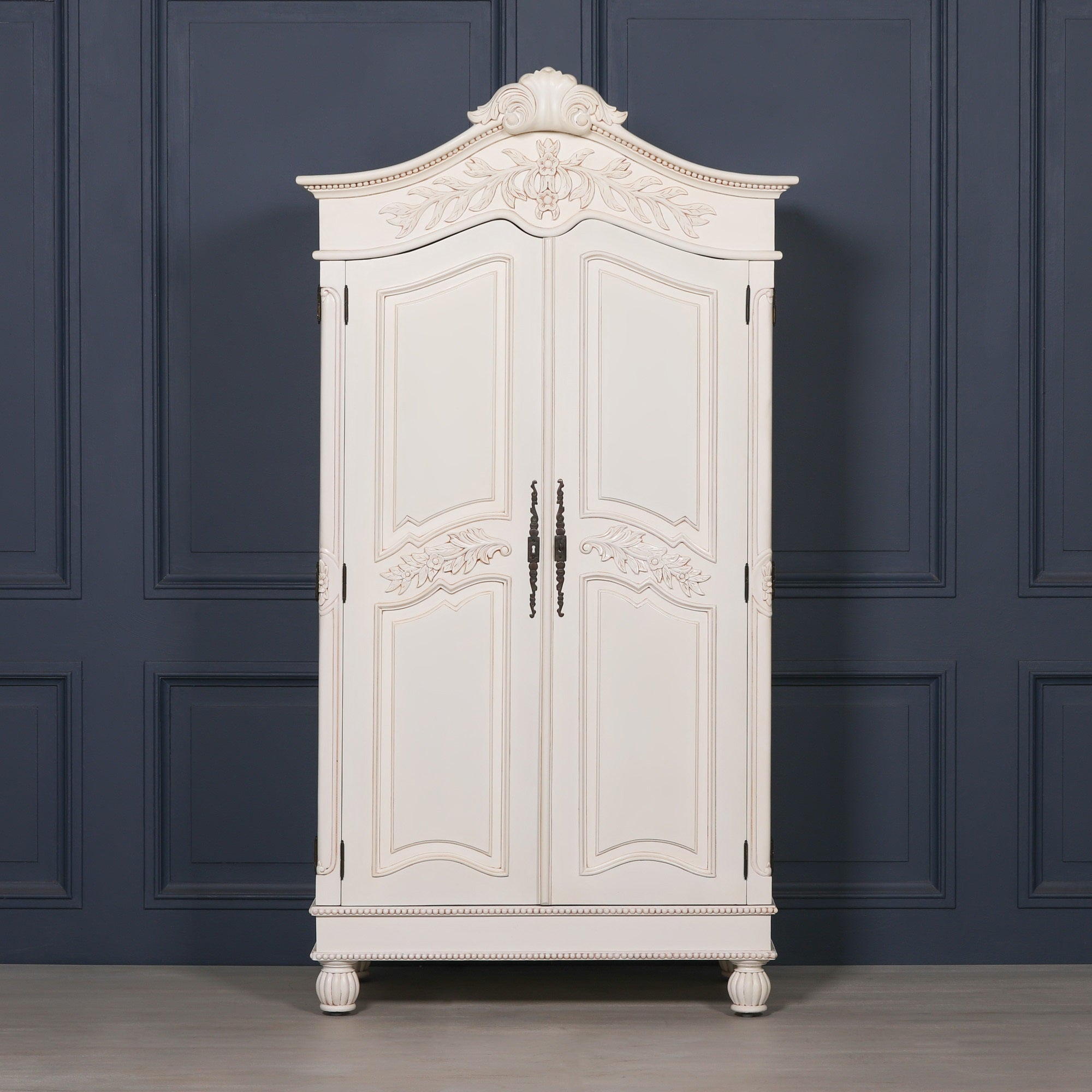 Front view of the Geneviève Hand-Carved French Chateau Double Door Armoire Wardrobe in White Mahogany with symmetrical double doors, intricate carved detailing, elegant mouldings and timeless French Chateau styling.