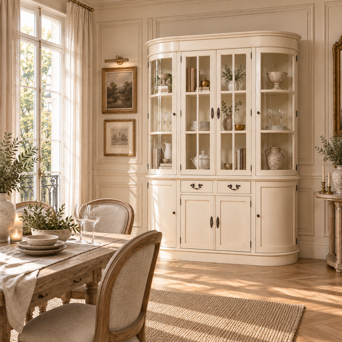 Geneviève large cream mahogany display cabinet with glass doors in an elegant dining room with wood table.