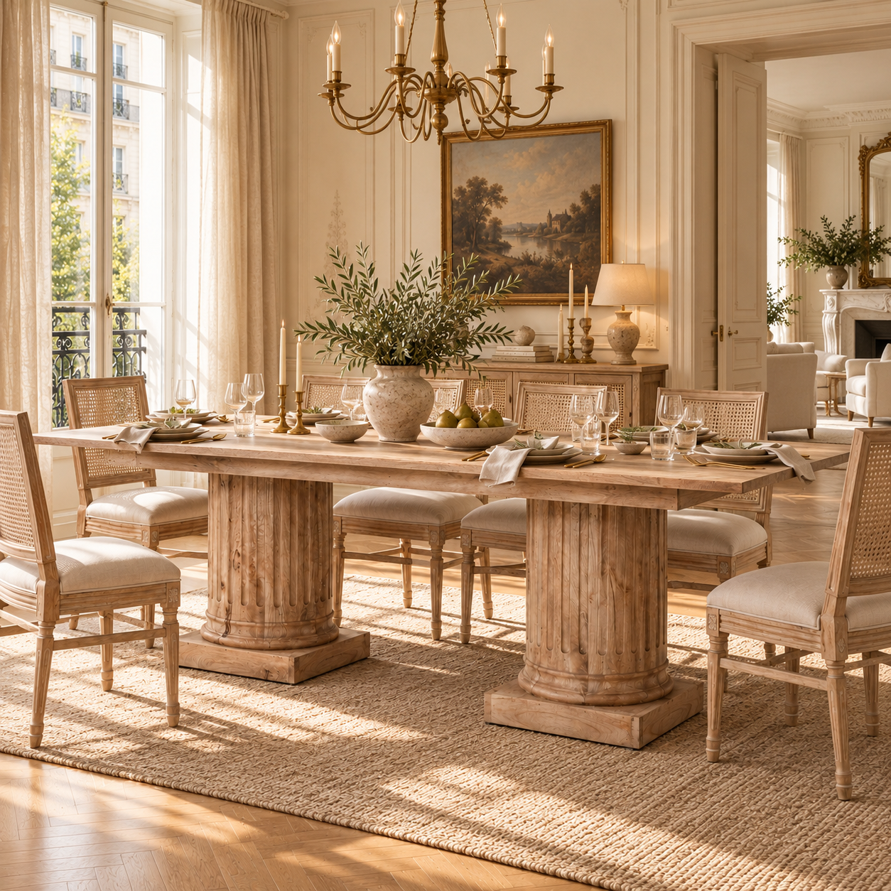 Henri 220cm mango wood 8-10 seater dining table set with chairs in a sunlit dining room with chandelier and rug