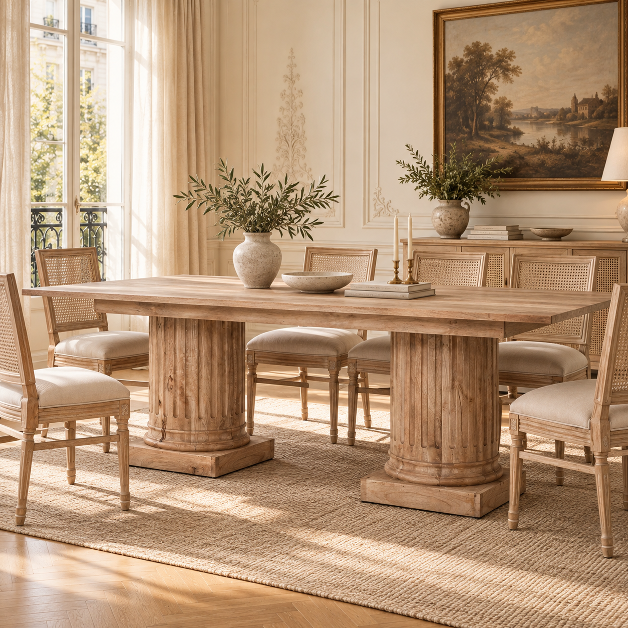 Henri 220cm rustic mango wood column dining table with chairs in a sunlit Parisian dining room with artwork