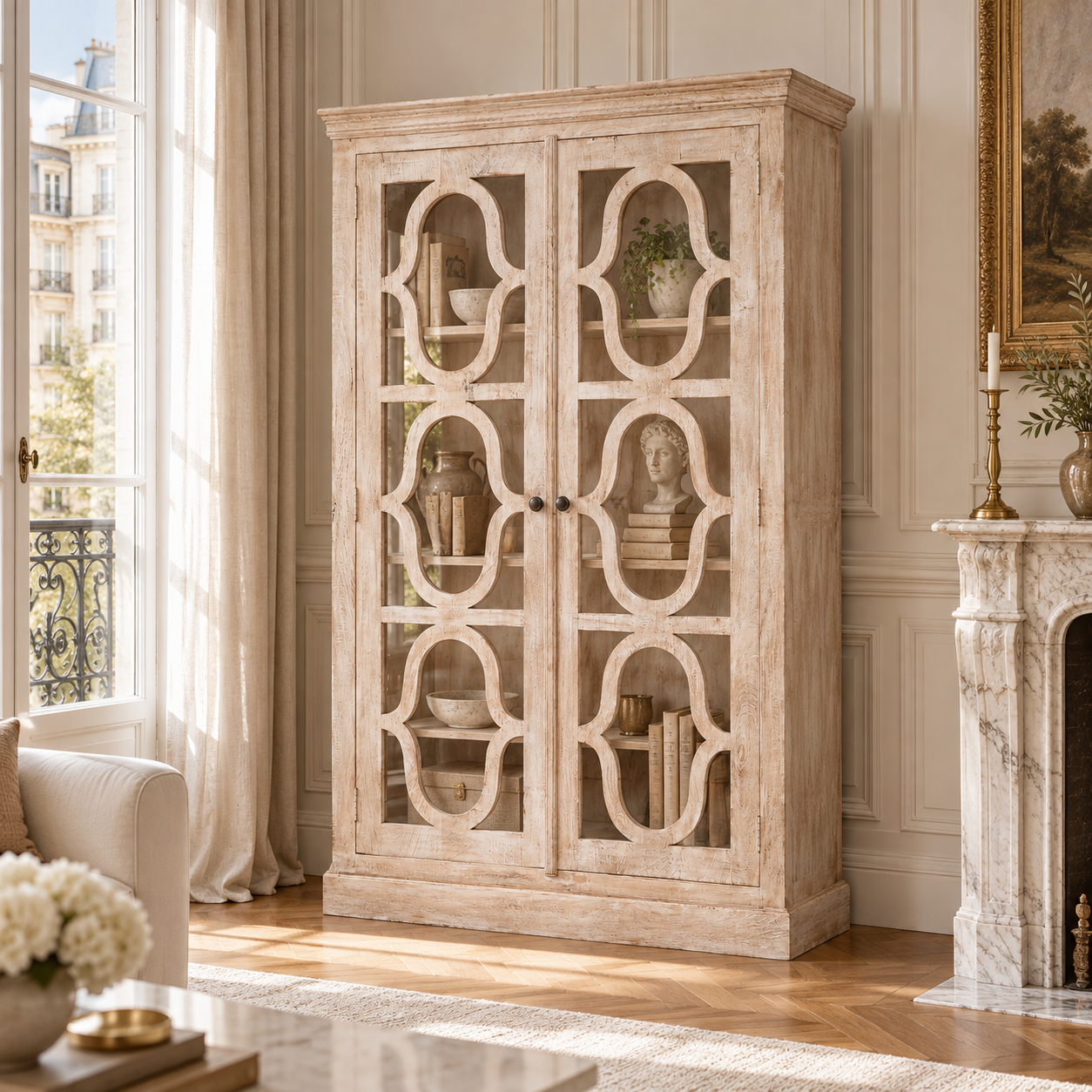 Henri rustic mango wood display cabinet with 2 doors and ornate detailing in a sunlit room with fireplace and tall windows.