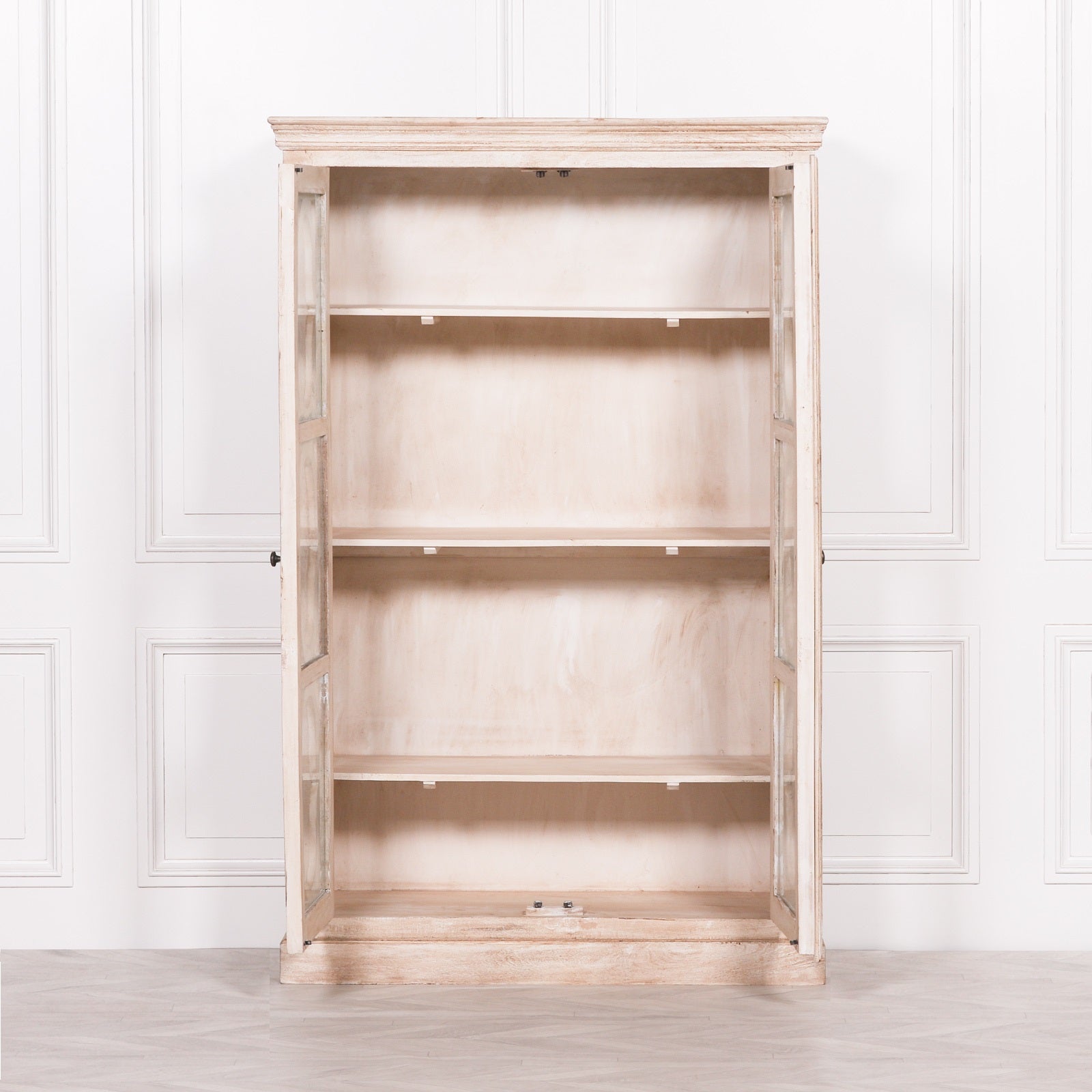 Henri Rustic Mango Wood Display Cabinet with both glazed doors open, revealing spacious internal shelving, handcrafted mango wood construction and versatile storage for dining rooms, living rooms and home interiors.