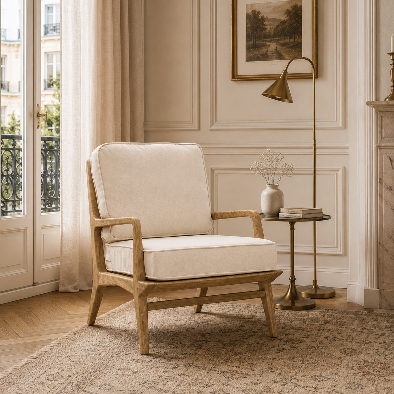 Idris cream upholstered oak accent chair in a Parisian living room with rug, brass lamp and panelled walls.