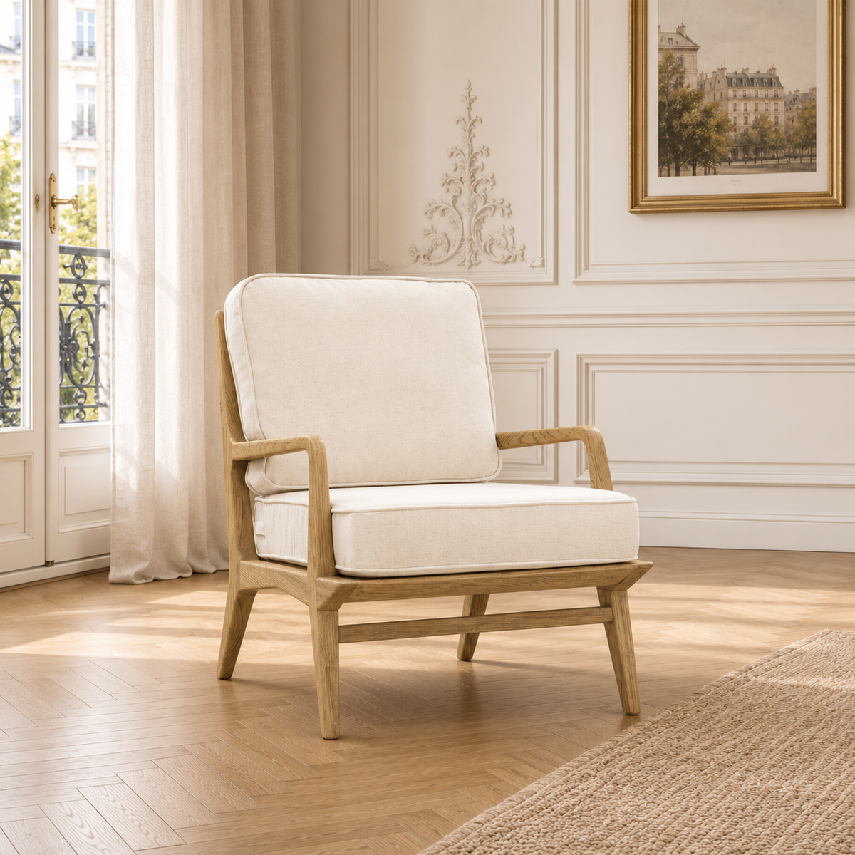 Idris cream upholstered oak accent chair in a Parisian room with panelled walls, wood floor and window.