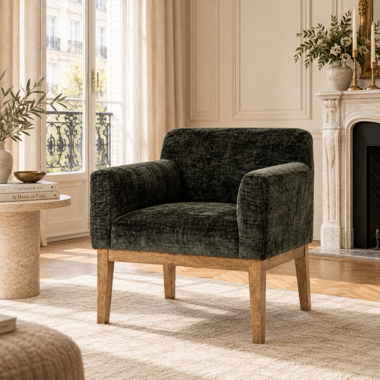 Maël Dark Green Upholstered Dining Armchair with Natural Wood Legs
