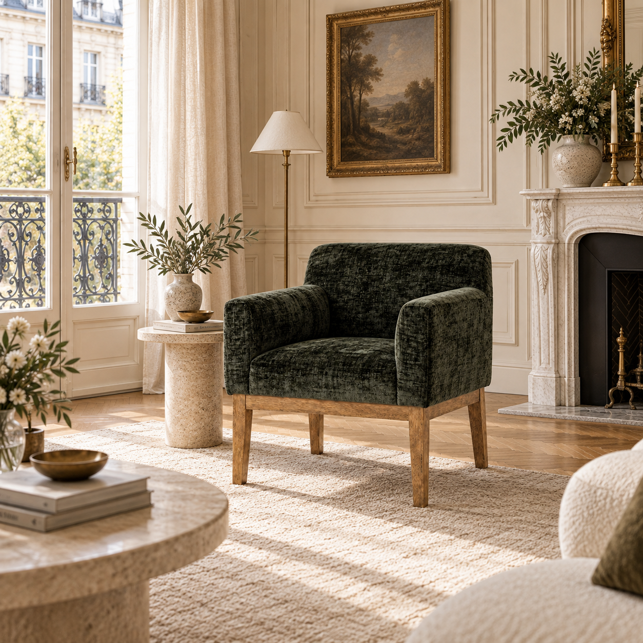 Maël Dark Green Upholstered Dining Armchair with Natural Wood Legs