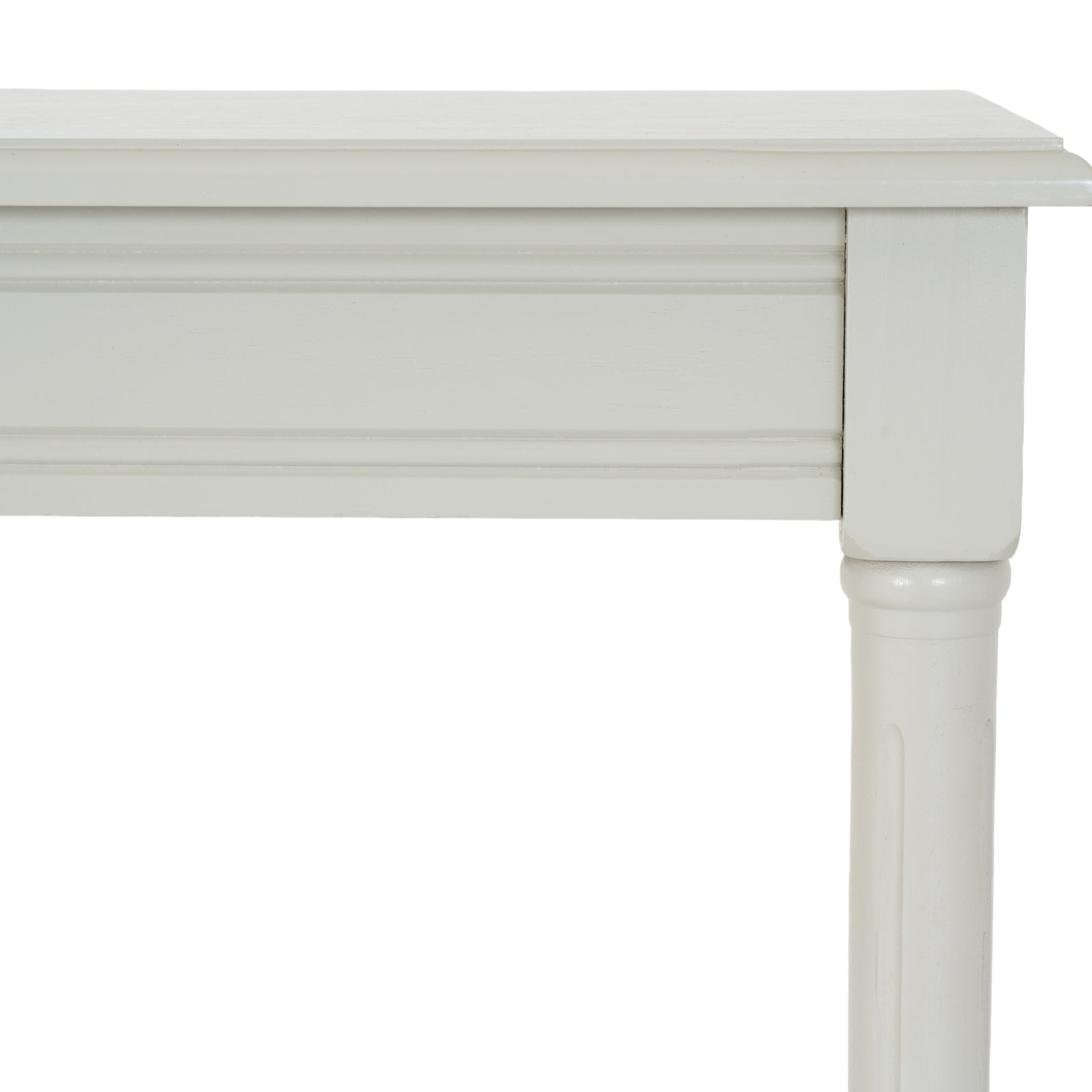 Close-up of the Juliette white rattan console table highlighting the painted white wooden tabletop, moulded apron detailing and traditional turned leg craftsmanship for timeless interiors.