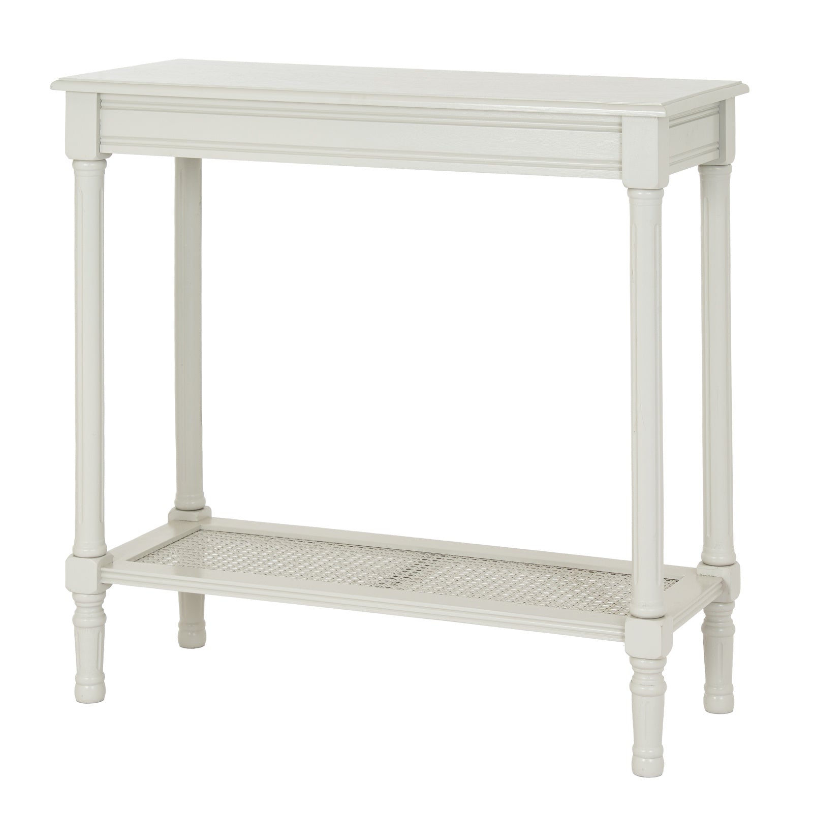 Angled view of the Juliette white rattan console table with woven detailing, featuring a painted white wooden frame, handwoven rattan lower shelf and elegant turned legs, perfect as a hallway console table, entryway table or living room console.