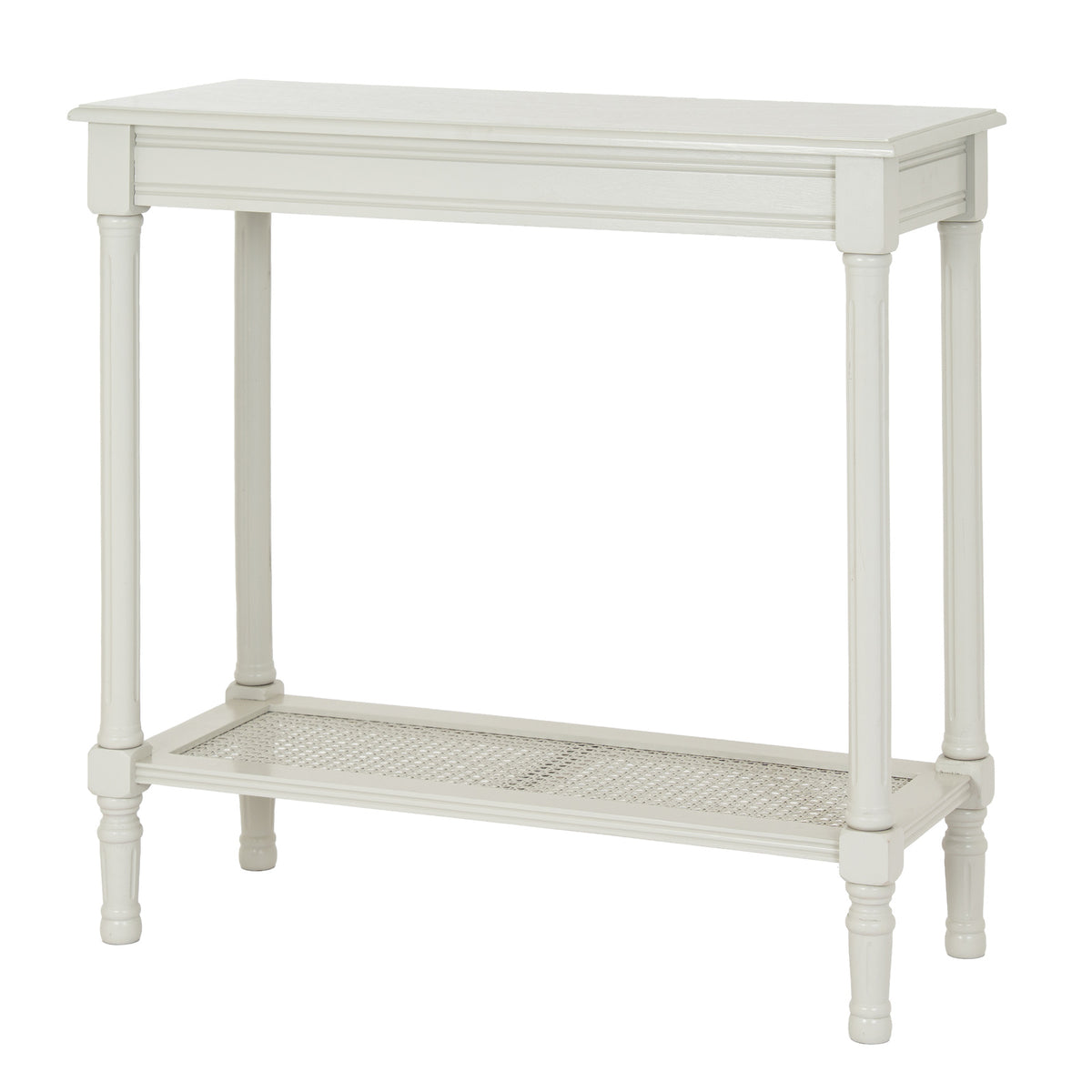 Angled view of the Juliette white rattan console table with woven detailing, featuring a painted white wooden frame, handwoven rattan lower shelf and elegant turned legs, perfect as a hallway console table, entryway table or living room console.