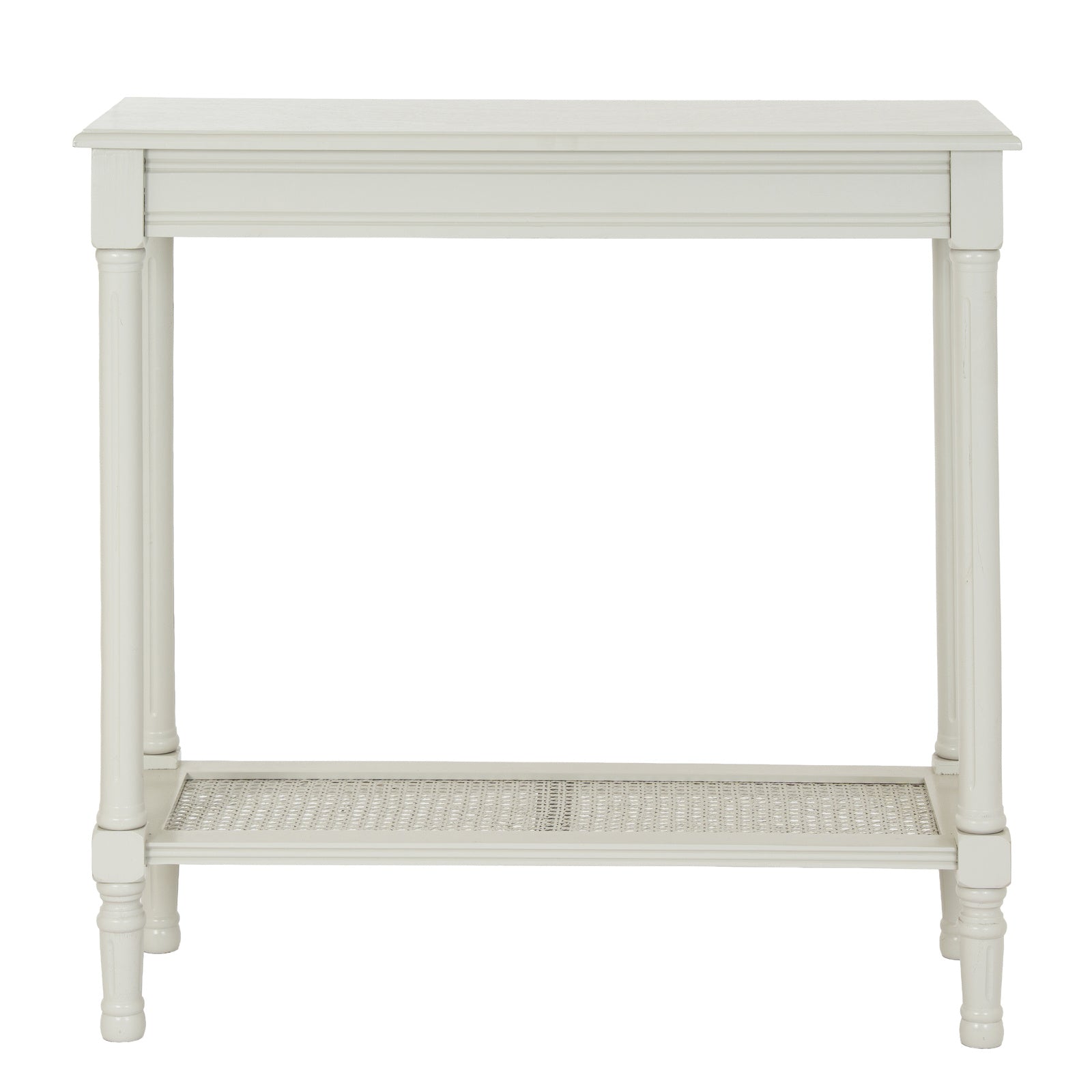 Front view of the Juliette white rattan console table with woven detailing featuring a spacious tabletop, woven rattan storage shelf and classic turned legs, ideal for hallways, entrance halls, living rooms and bedrooms.
