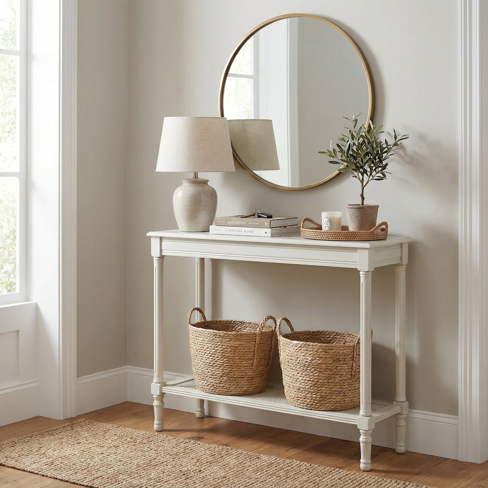 Juliette white rattan console table with woven detailing styled in a luxury hallway with a round wall mirror, ceramic table lamp, decorative books and woven storage baskets, showcasing its timeless coastal and modern farmhouse design.