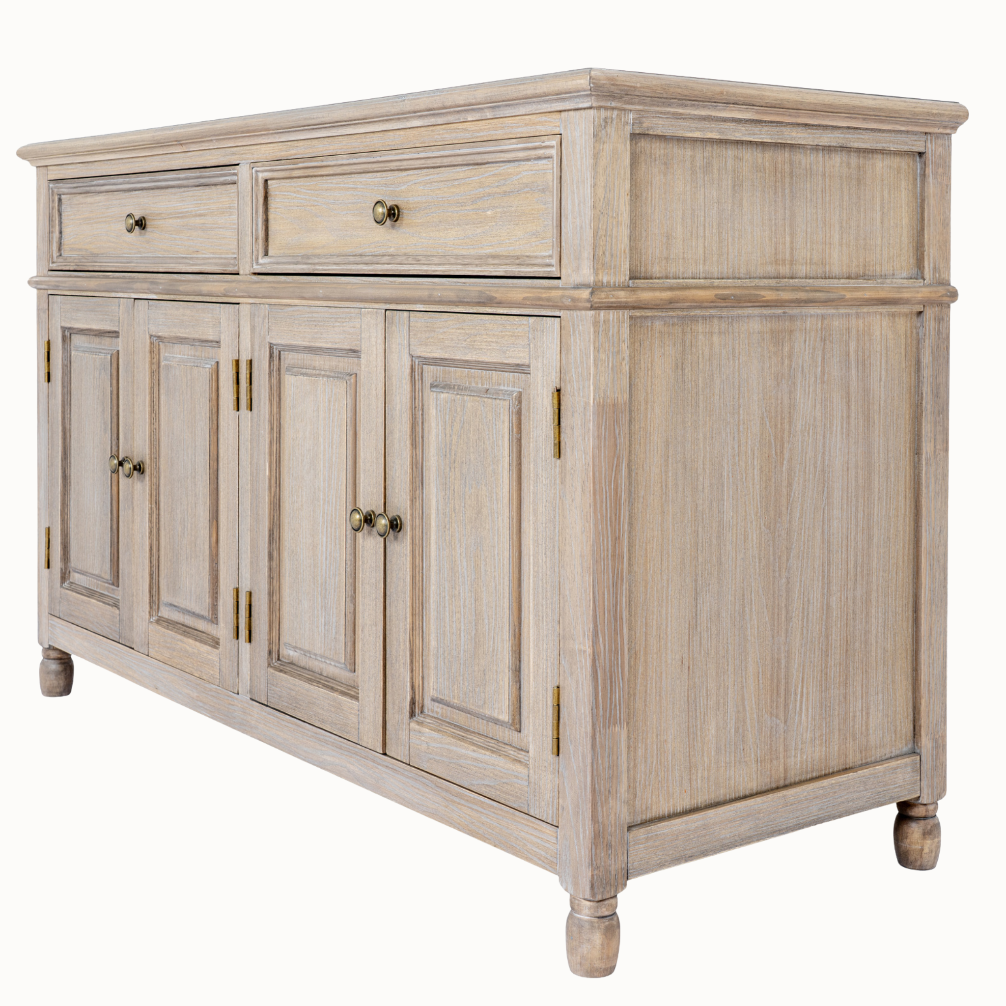 Laurent 120cm brown wood sideboard with 4 panelled doors, 2 drawers and brass knobs on a white background.