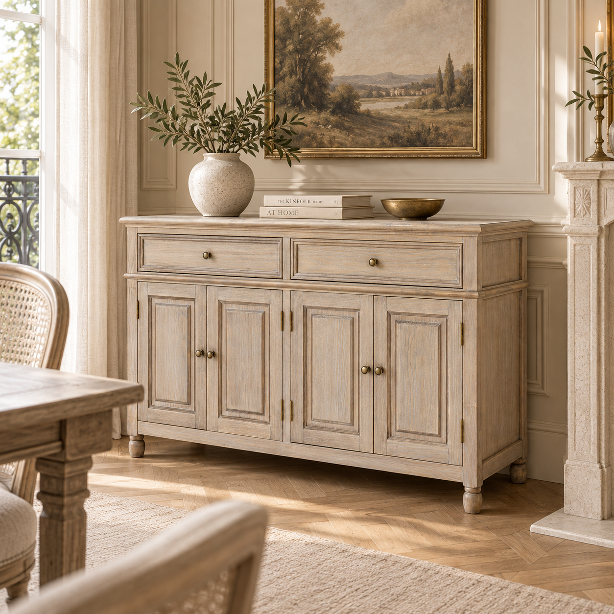 Laurent 120cm brown wood sideboard with 4 doors and 2 drawers in a sunlit dining room with fireplace and artwork.
