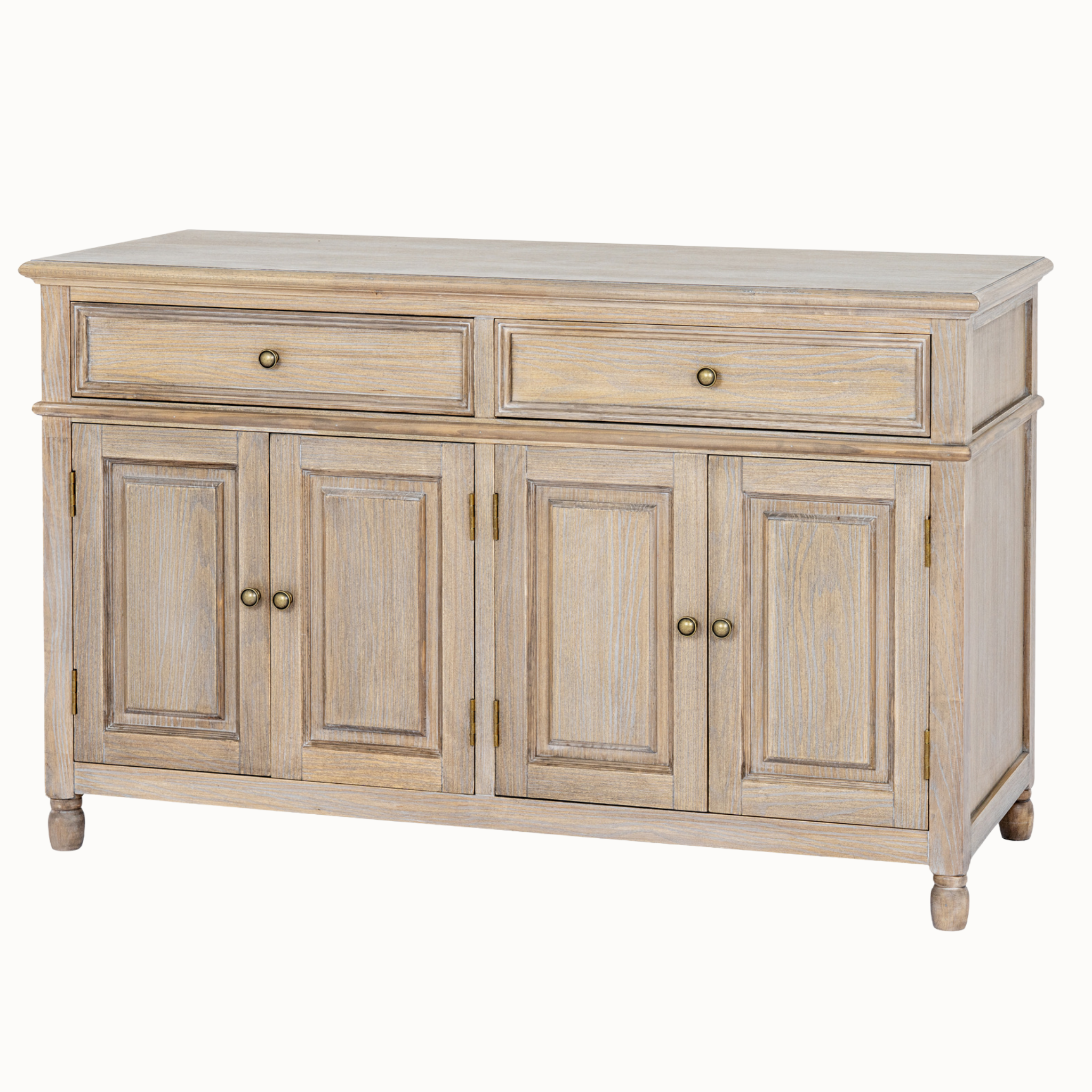 Laurent 120cm brown wood sideboard with 4 panelled doors, 2 drawers and brass knobs on a white background.