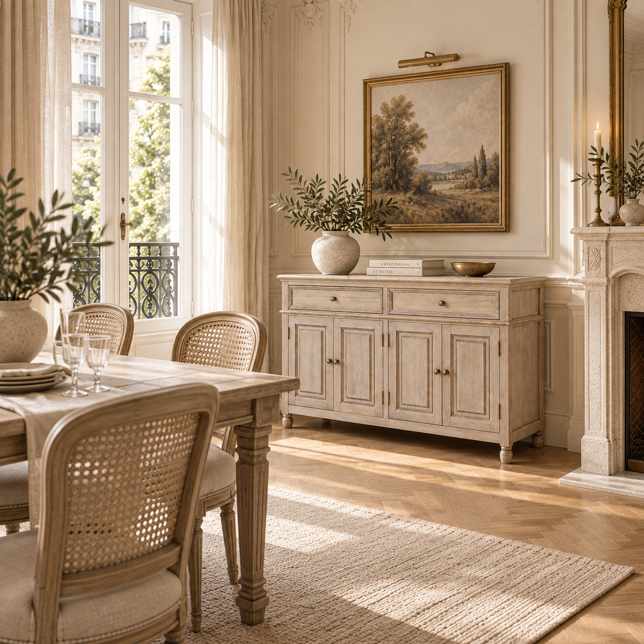 Laurent 120cm brown wood sideboard with 4 doors and 2 drawers in a bright dining room with fireplace and wood floor.