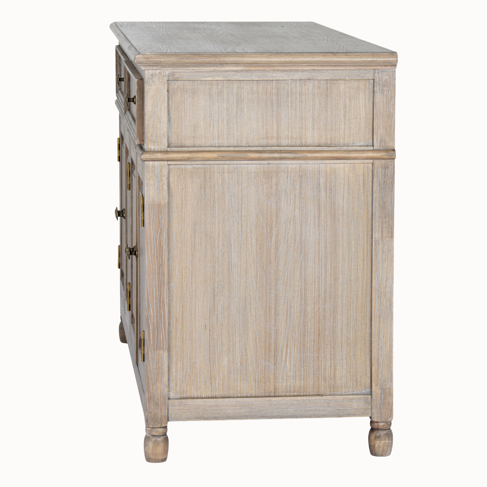 Side view of Laurent 120cm brown wood sideboard showing panelled sides, drawers and brass hardware on a white background.