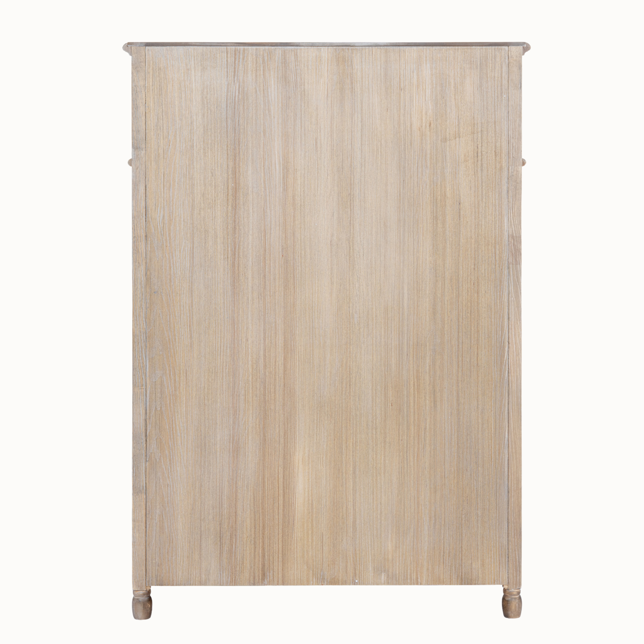 Rear view of Laurent 128cm tall brown wood chest of 5 drawers showing wood grain on a plain white background.