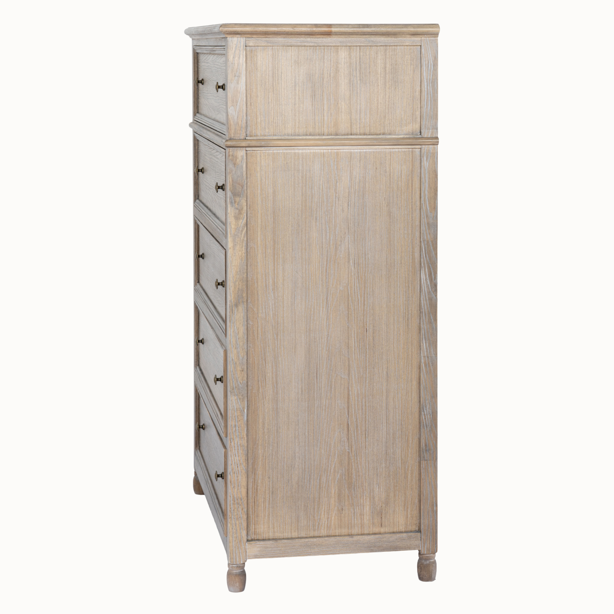 Side view of Laurent 128cm tall brown wood chest of 5 drawers with brass knobs on a plain white background.