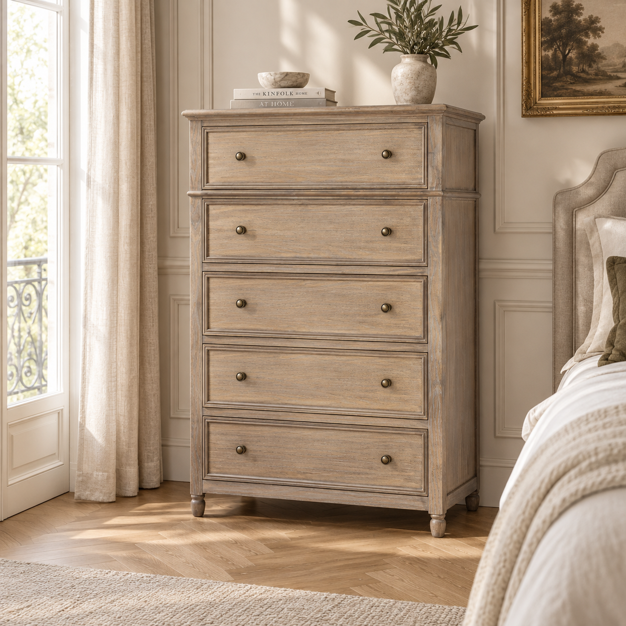 Laurent 128cm tall brown wood chest of 5 drawers in a sunlit classic bedroom beside an upholstered bed.