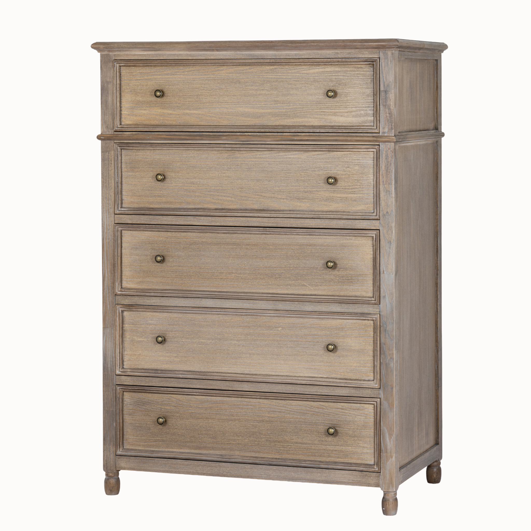 Laurent 128cm tall brown wood chest of 5 drawers with brass knobs on a plain white background.