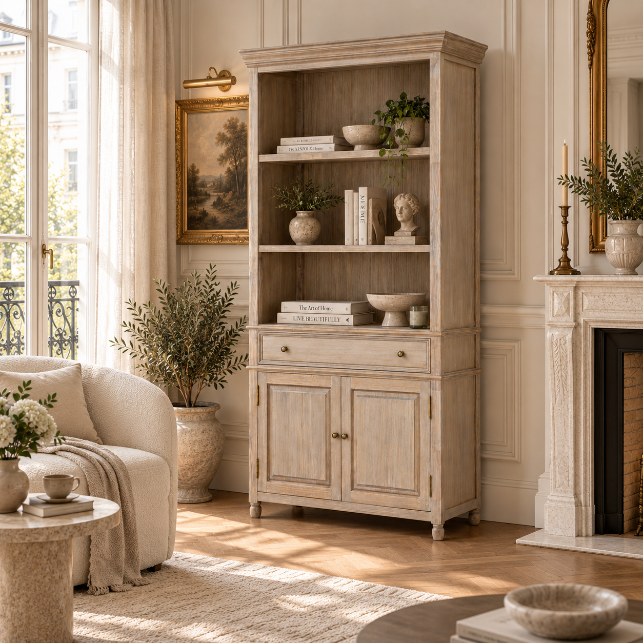 Laurent 185cm brown wood display cabinet with open shelves, 2 doors and drawer in a bright living room with fireplace.