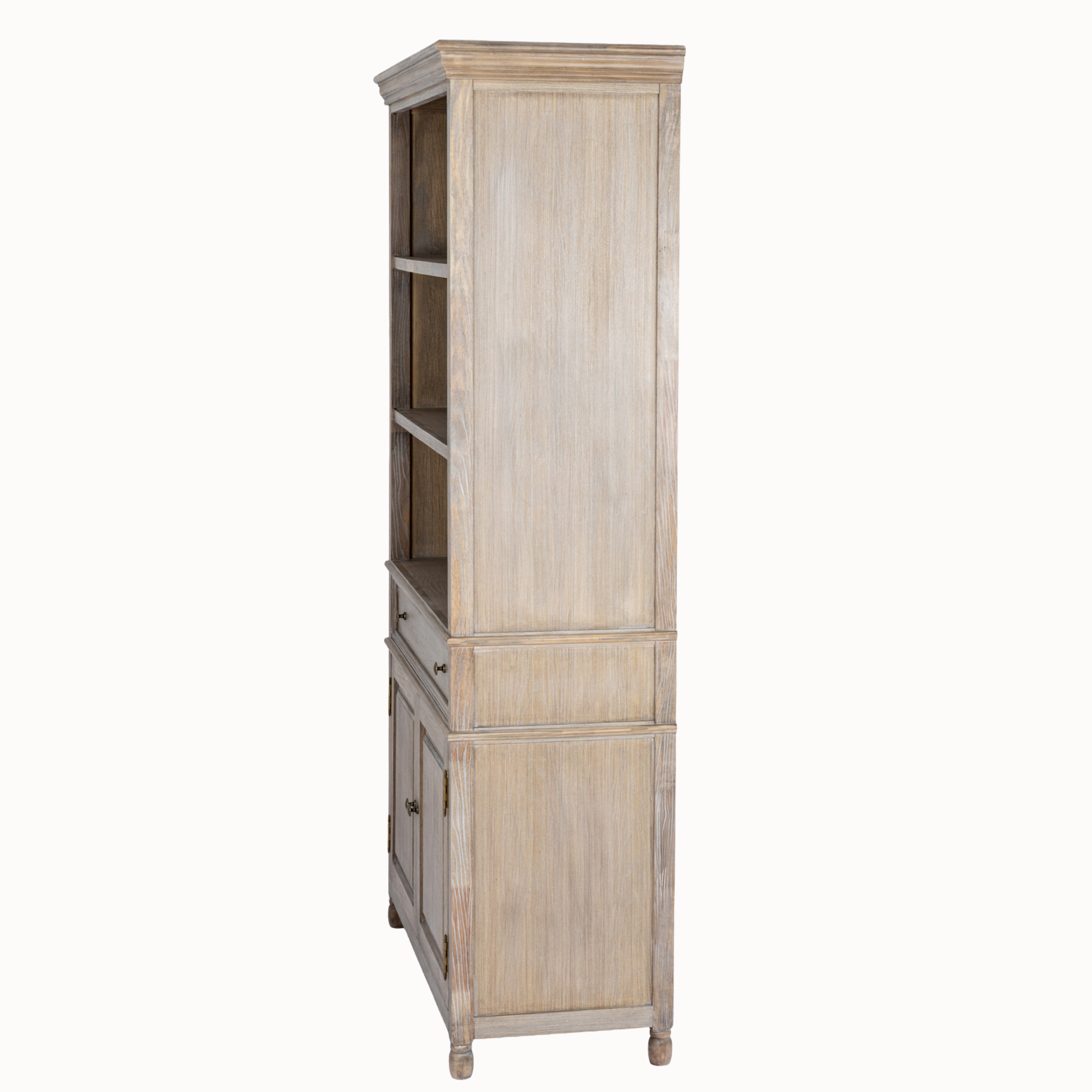 Side view of Laurent 185cm brown wood display cabinet with open shelves, drawer and 2 doors on a white background.