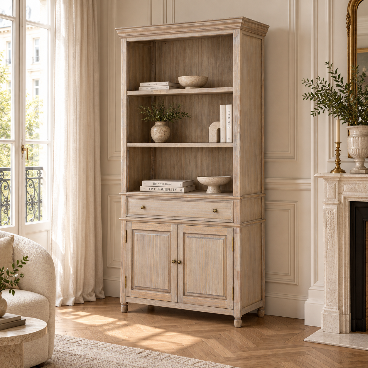 Laurent 185cm tall brown wood display cabinet with open shelves, 2 doors and drawer in a sunlit room with fireplace.