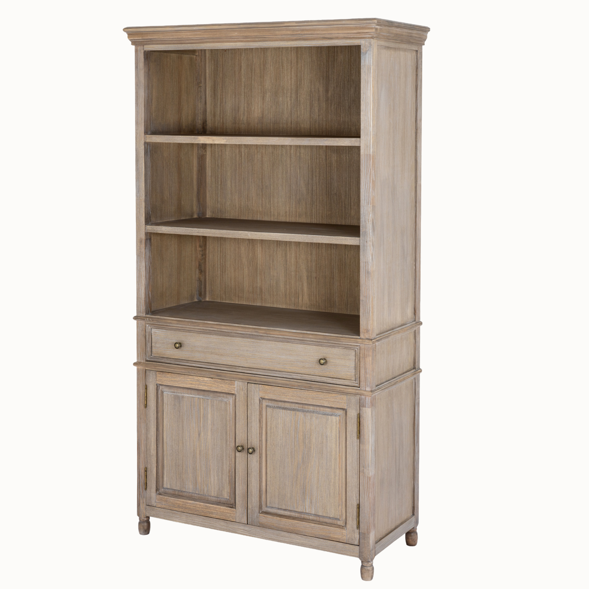 Laurent 185cm tall brown wood display cabinet with open shelves, 2 doors and 1 drawer on a white background.