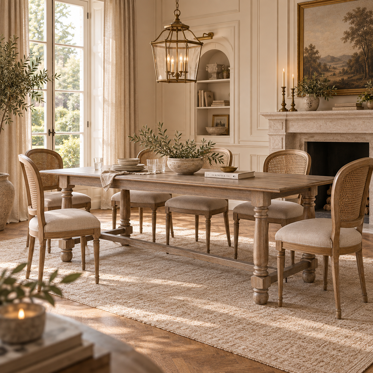 Laurent 200cm brown wood dining table for 6–8 in a sunlit dining room with woven chairs, fireplace and rug.