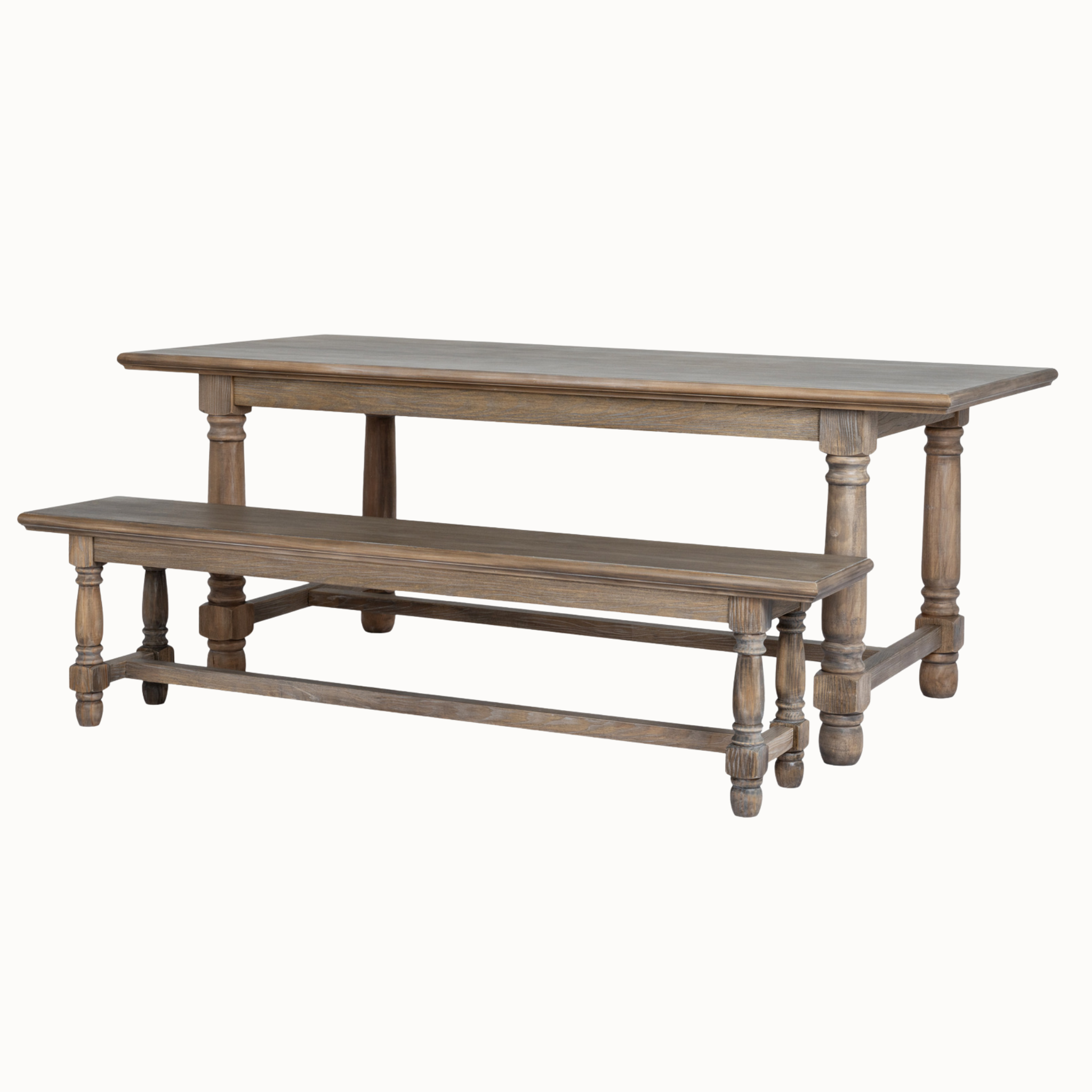 Laurent 200cm brown wood dining table with matching bench, turned legs and stretcher bases on a white background.