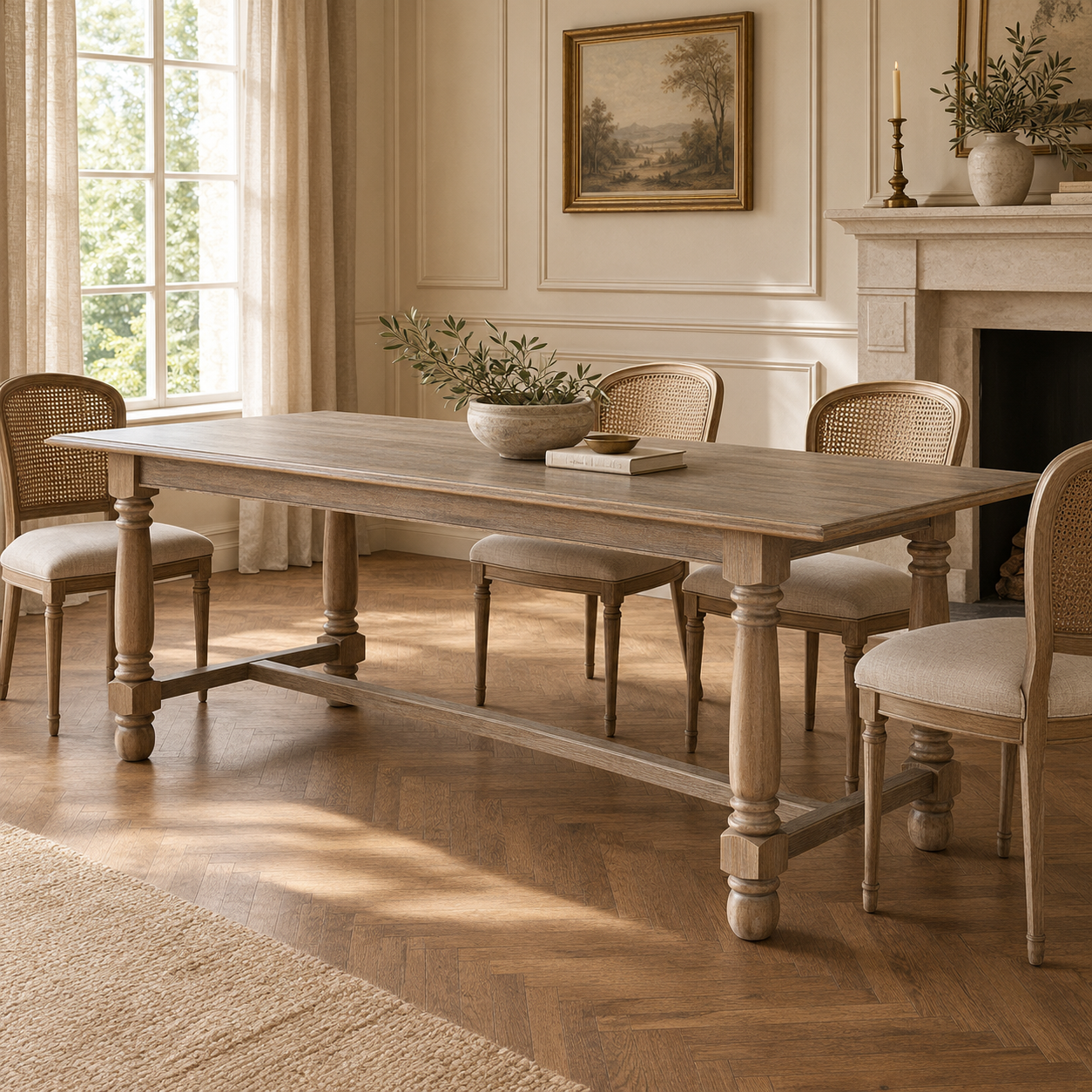 Laurent 200cm brown wood dining table with turned legs in a sunlit dining room with fireplace and wood floor.