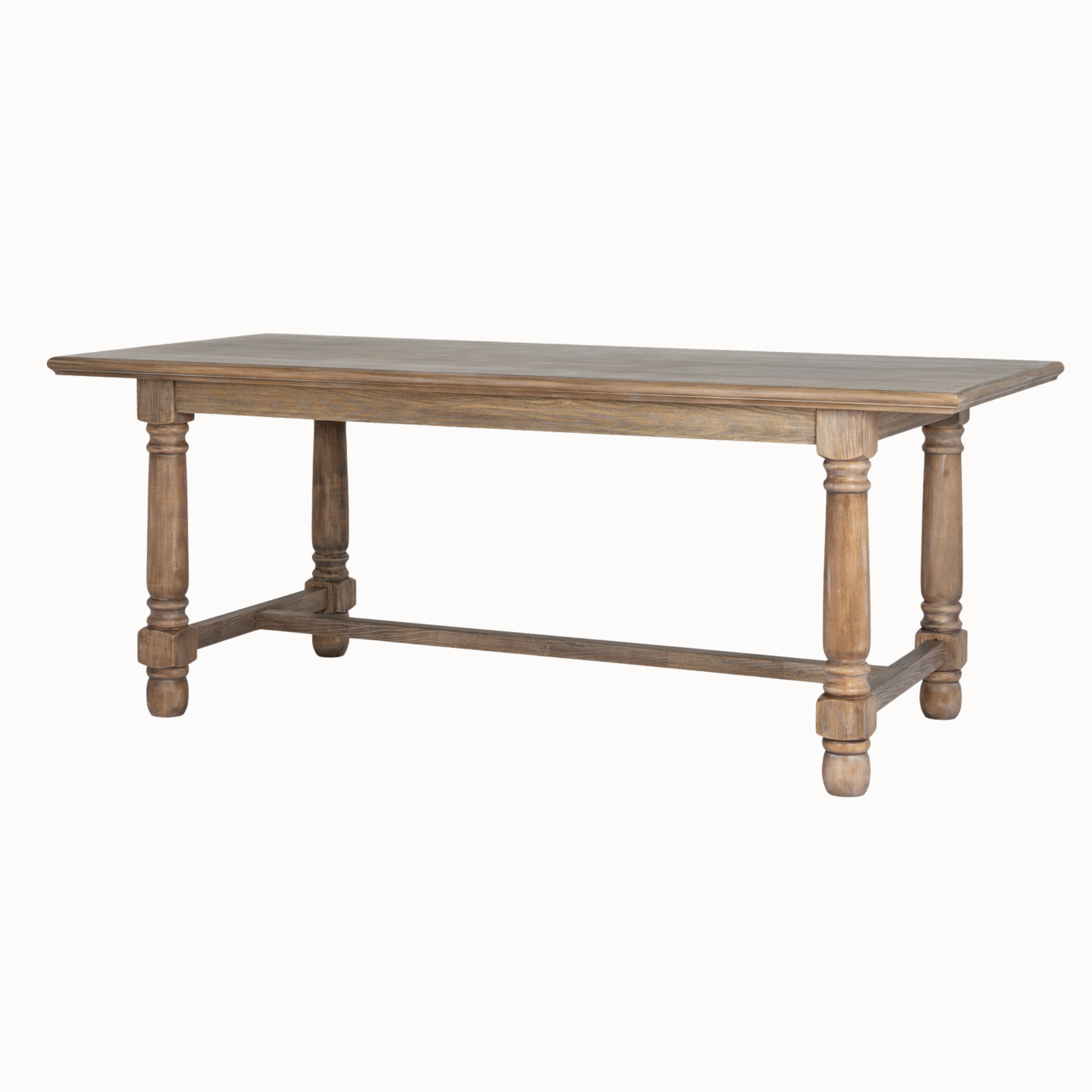 Laurent 200cm rectangular brown wood dining table with turned legs and stretcher base on a white background.