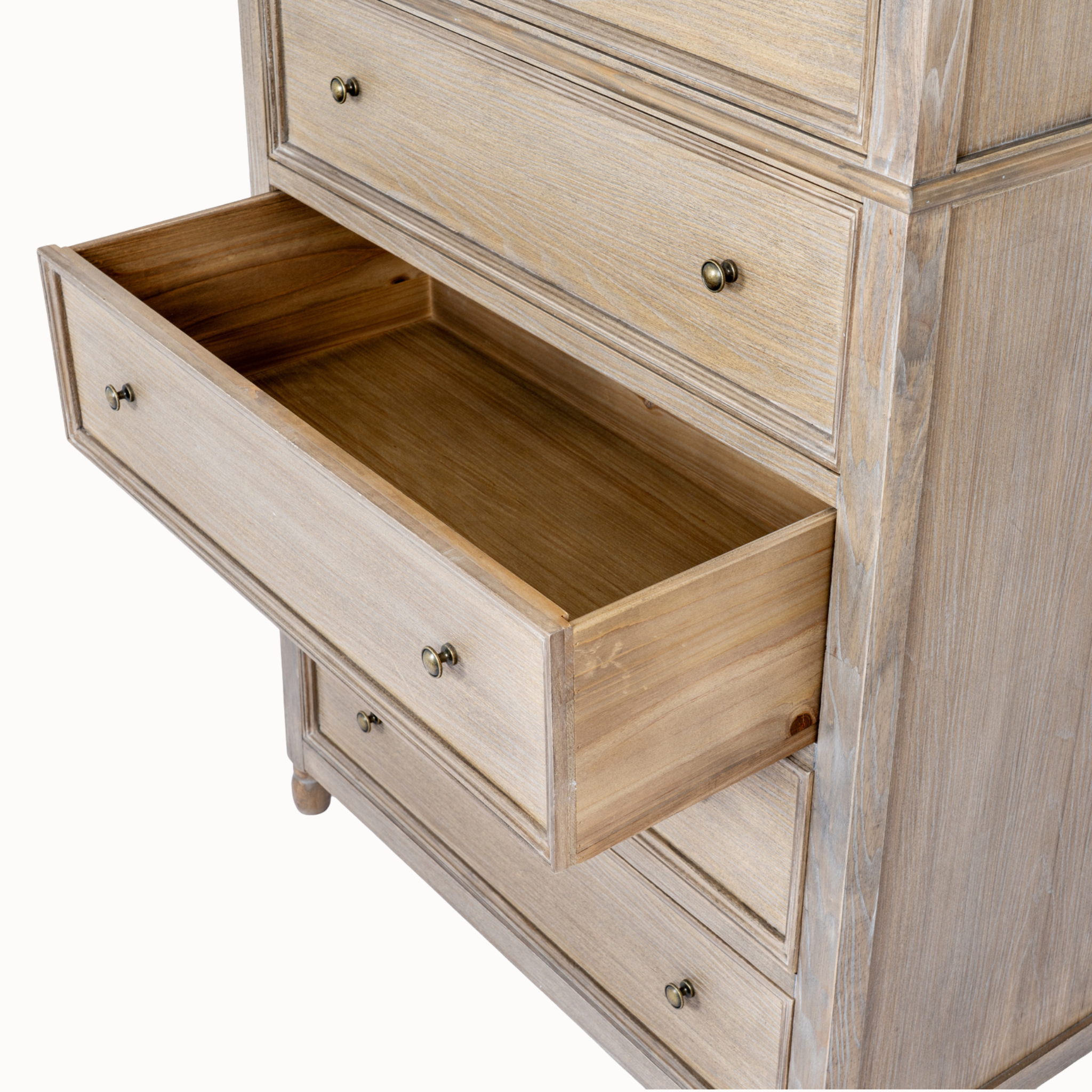 Laurent brown wood 5 drawer chest with one drawer open, showing wooden storage interior on a white background.